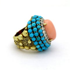 Estate 14 Karat Gold Angel Skin Coral, Diamond and Turquoise Large Fashion Ring