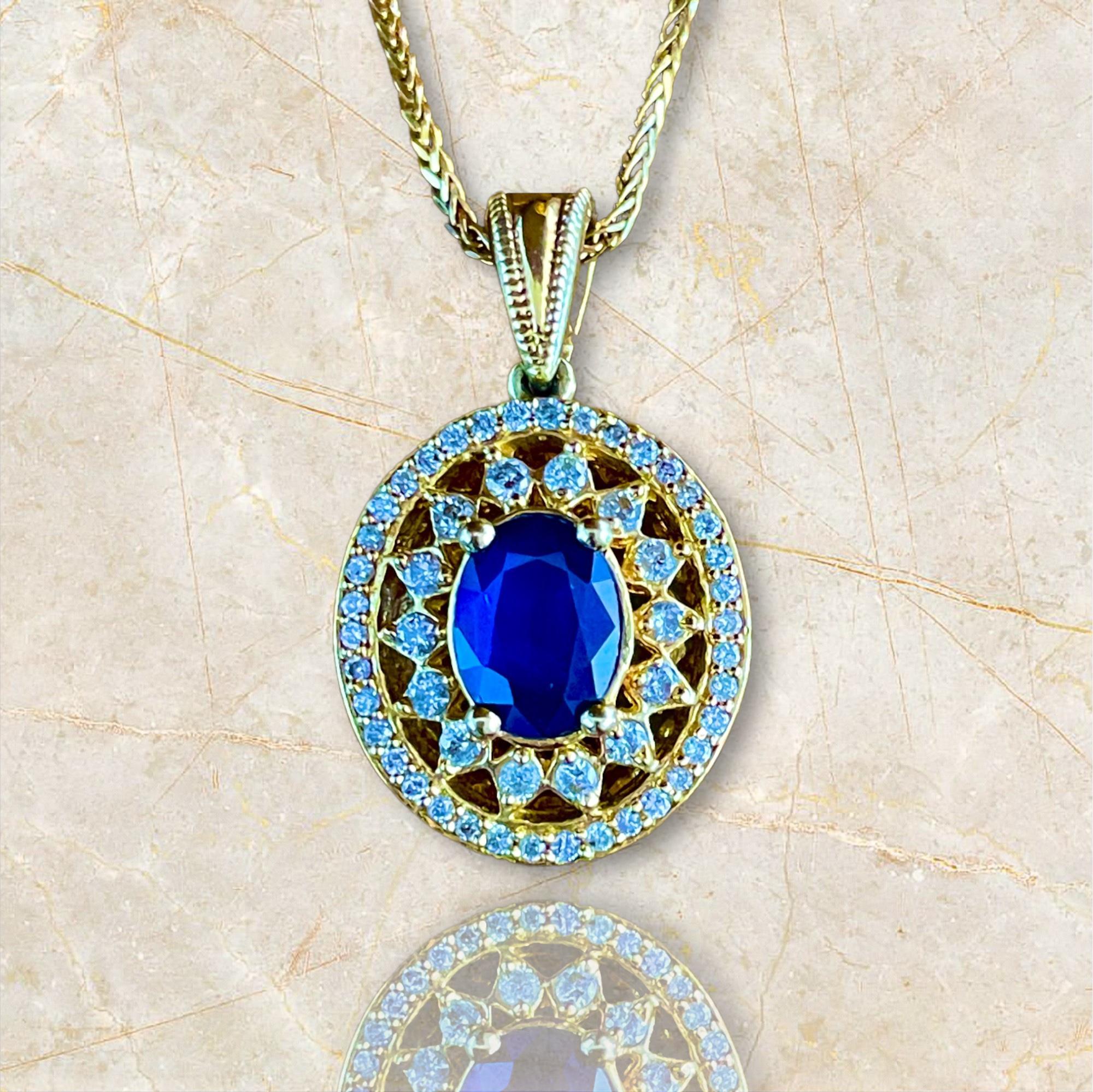 Add a touch of vintage elegance to your collection with this estate 14K Yellow Gold Pin Pendant Necklace. Featuring a stunning 1-carat natural blue sapphire, complemented by 0.45 carats of sparkling diamonds, this piece can be worn as both a pin and