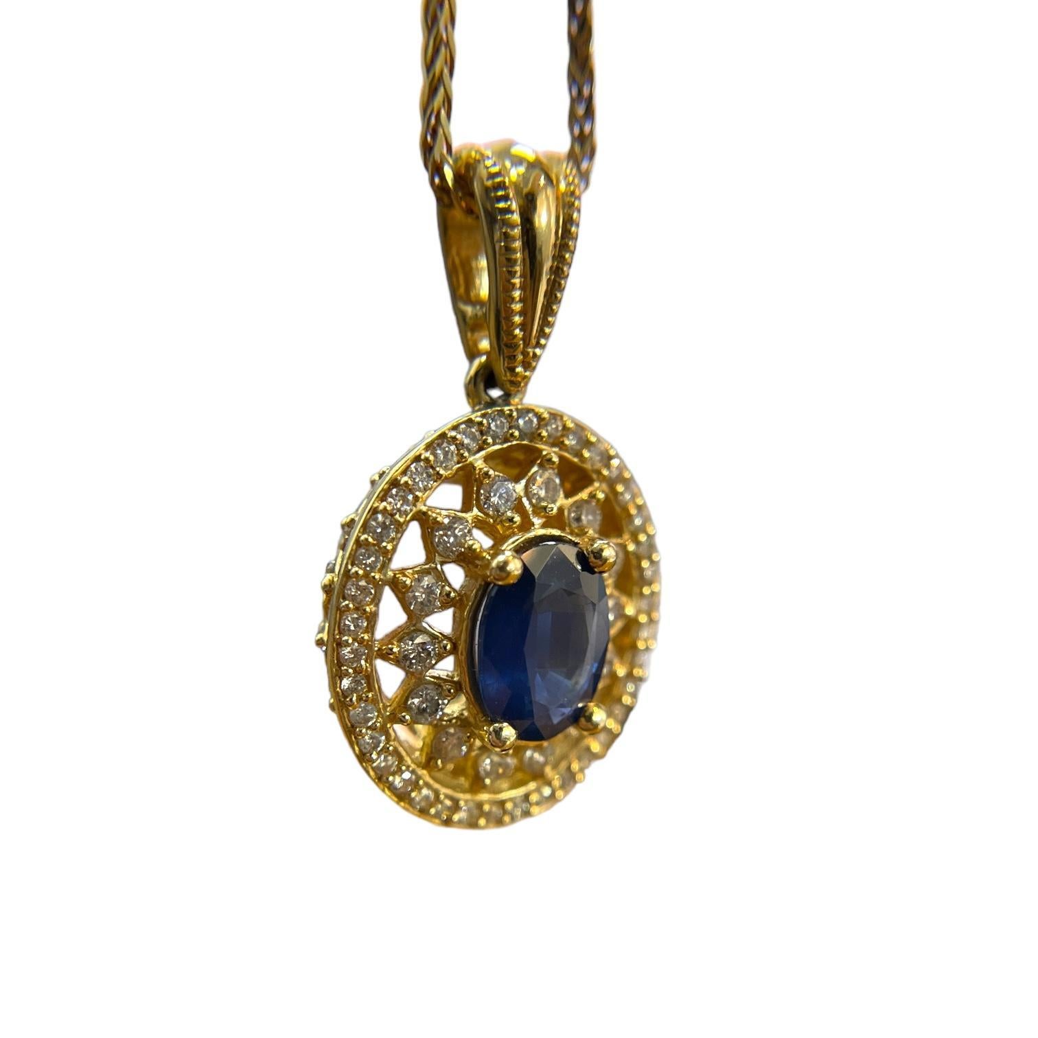 Modern Estate 14K Yellow Gold Blue Sapphire and Diamond Pin Pendant Necklace For Sale