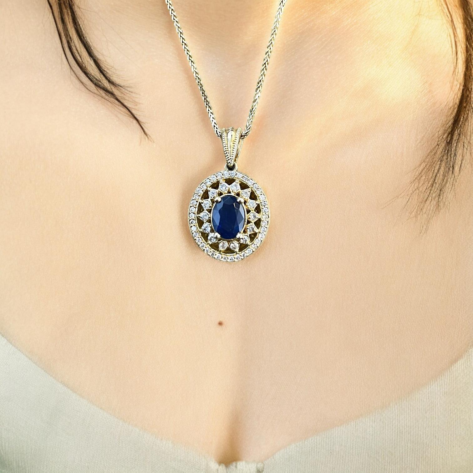 Women's or Men's Estate 14K Yellow Gold Blue Sapphire and Diamond Pin Pendant Necklace For Sale