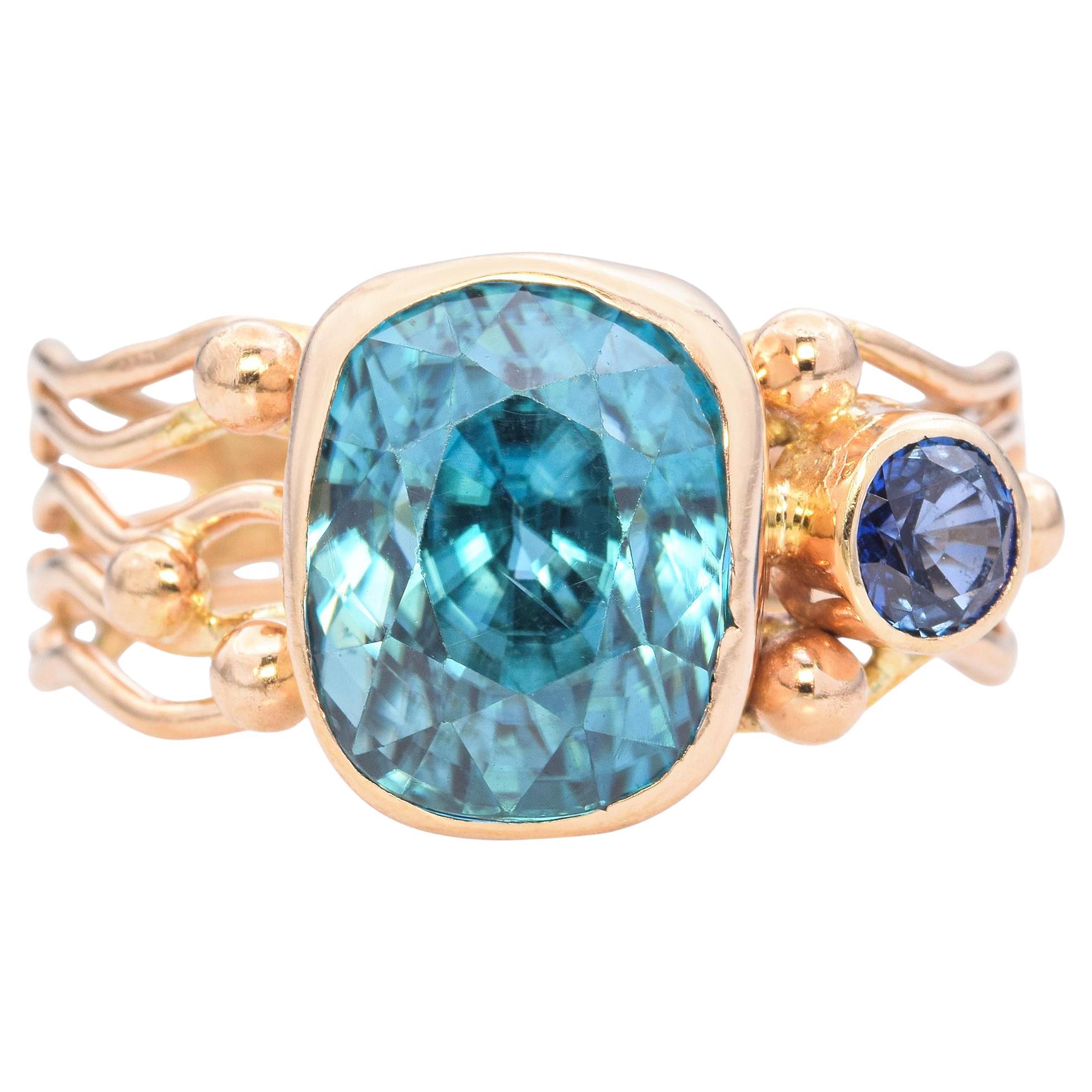 Estate 14k Yellow Gold Blue Zircon and Sapphire Ring For Sale