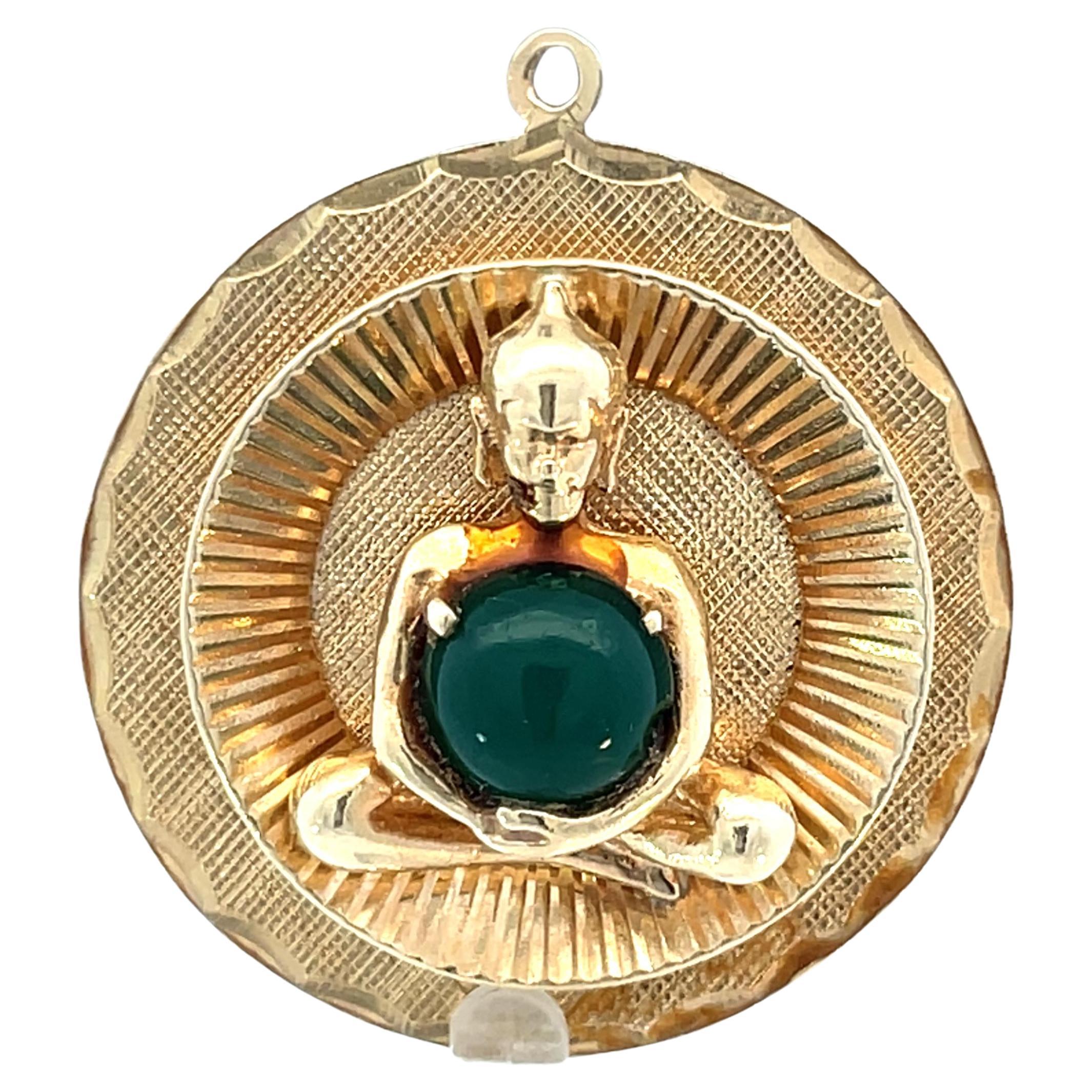 14K Yellow Gold Buddha Pendant with Natural Jade, Unisex Design