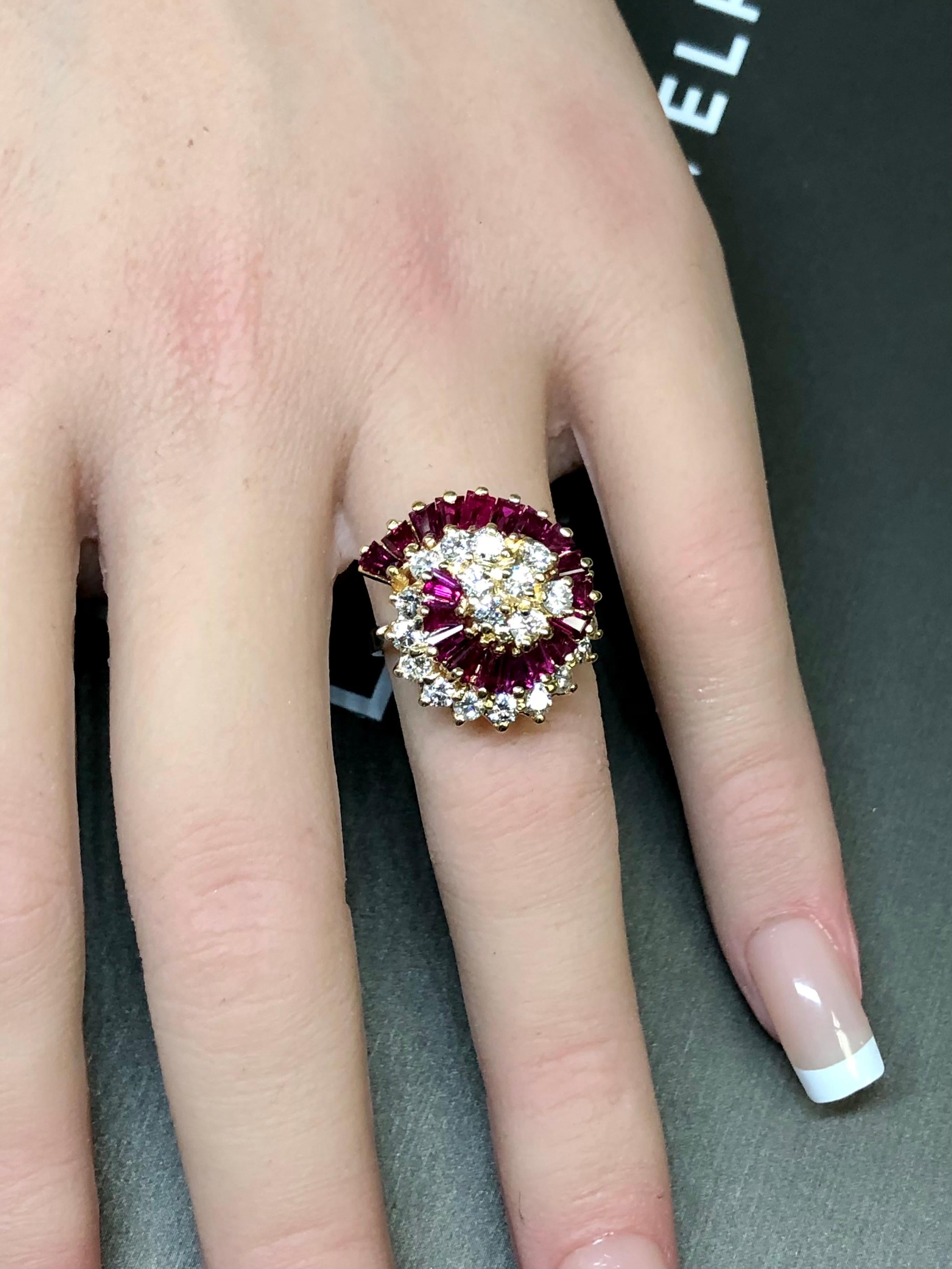 Estate 14K Yellow Gold Diamond Baguette Ruby Spiral Cluster Cocktail Ring 3.61ct For Sale 4