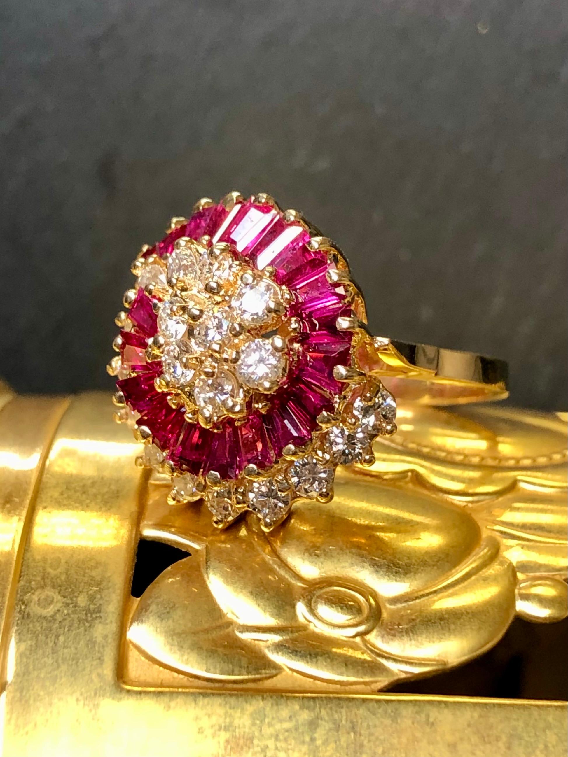 Contemporary Estate 14K Yellow Gold Diamond Baguette Ruby Spiral Cluster Cocktail Ring 3.61ct For Sale