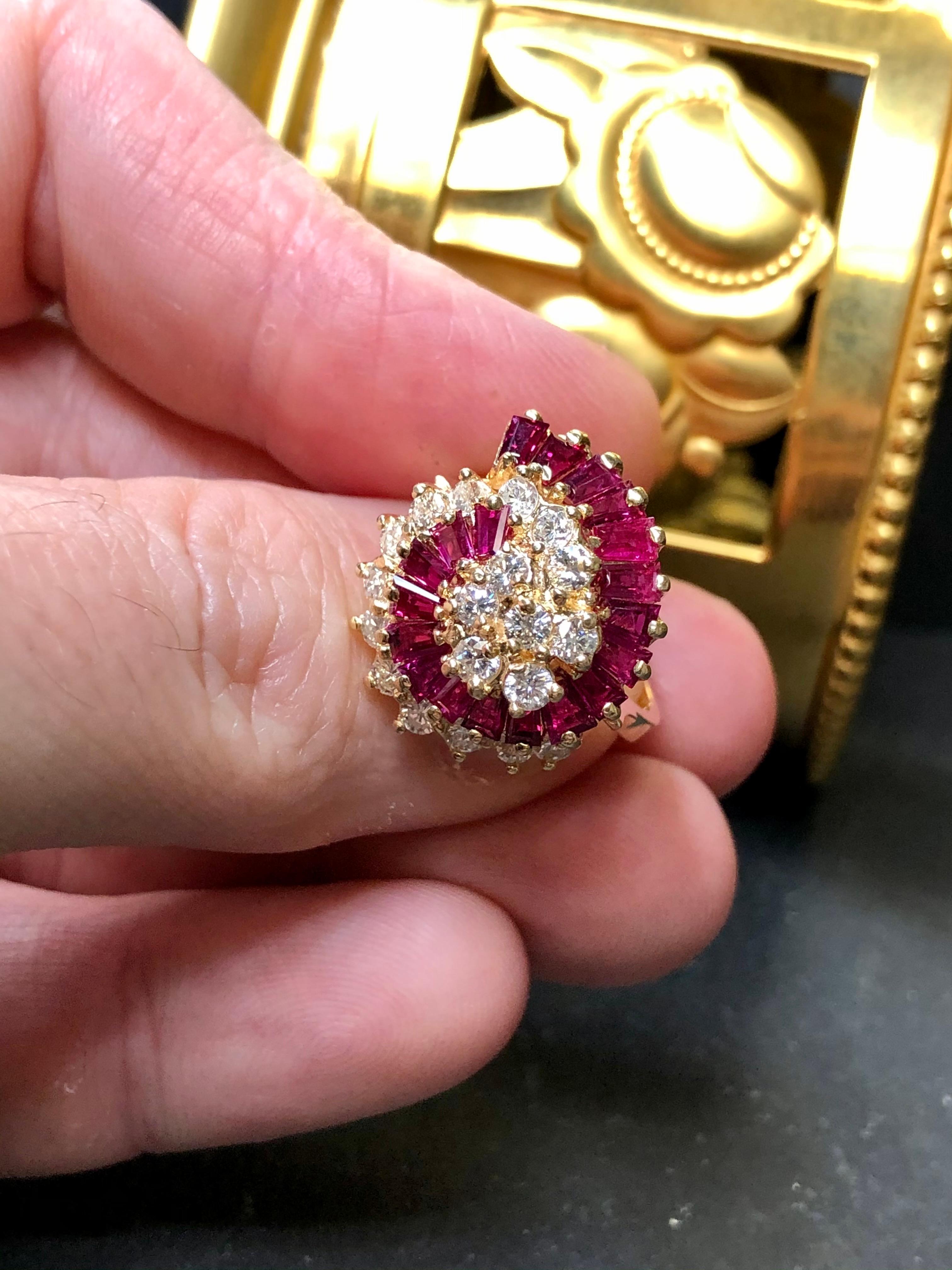 Estate 14K Yellow Gold Diamond Baguette Ruby Spiral Cluster Cocktail Ring 3.61ct In Good Condition For Sale In Winter Springs, FL