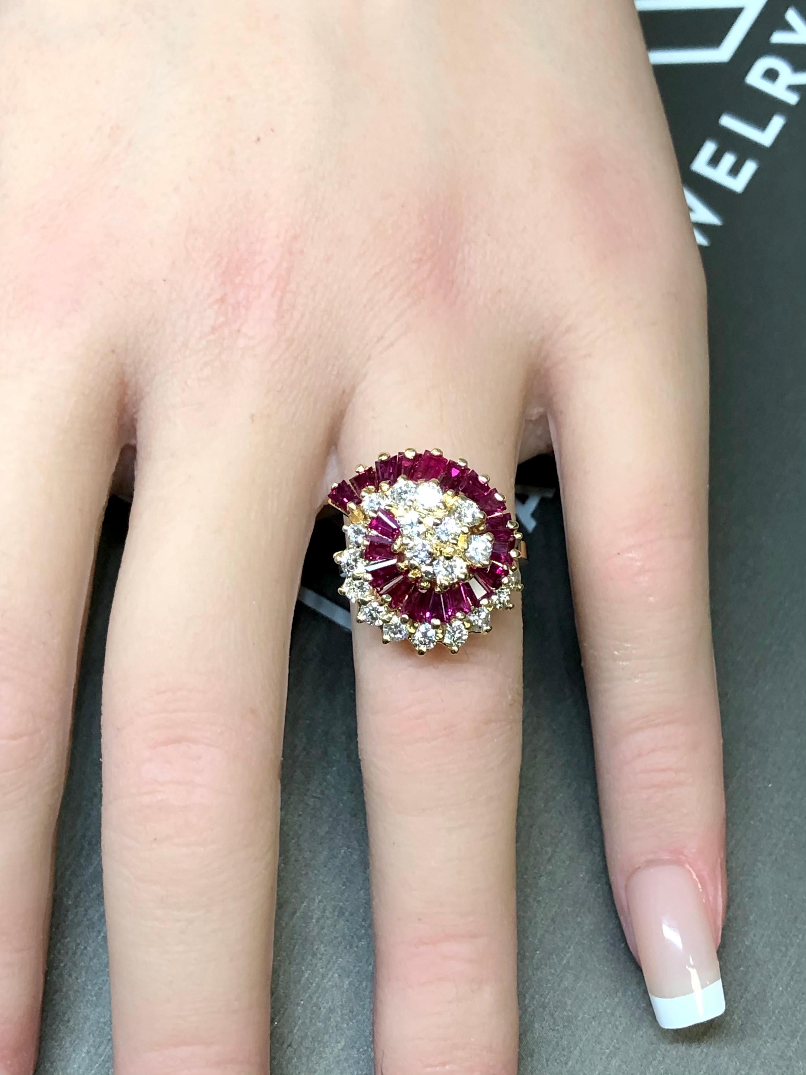 Estate 14K Yellow Gold Diamond Baguette Ruby Spiral Cluster Cocktail Ring 3.61ct For Sale 3