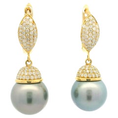 Estate 14k Yellow Gold Diamond Tahitian Pearl Dangle Drop Lever Back Earrings