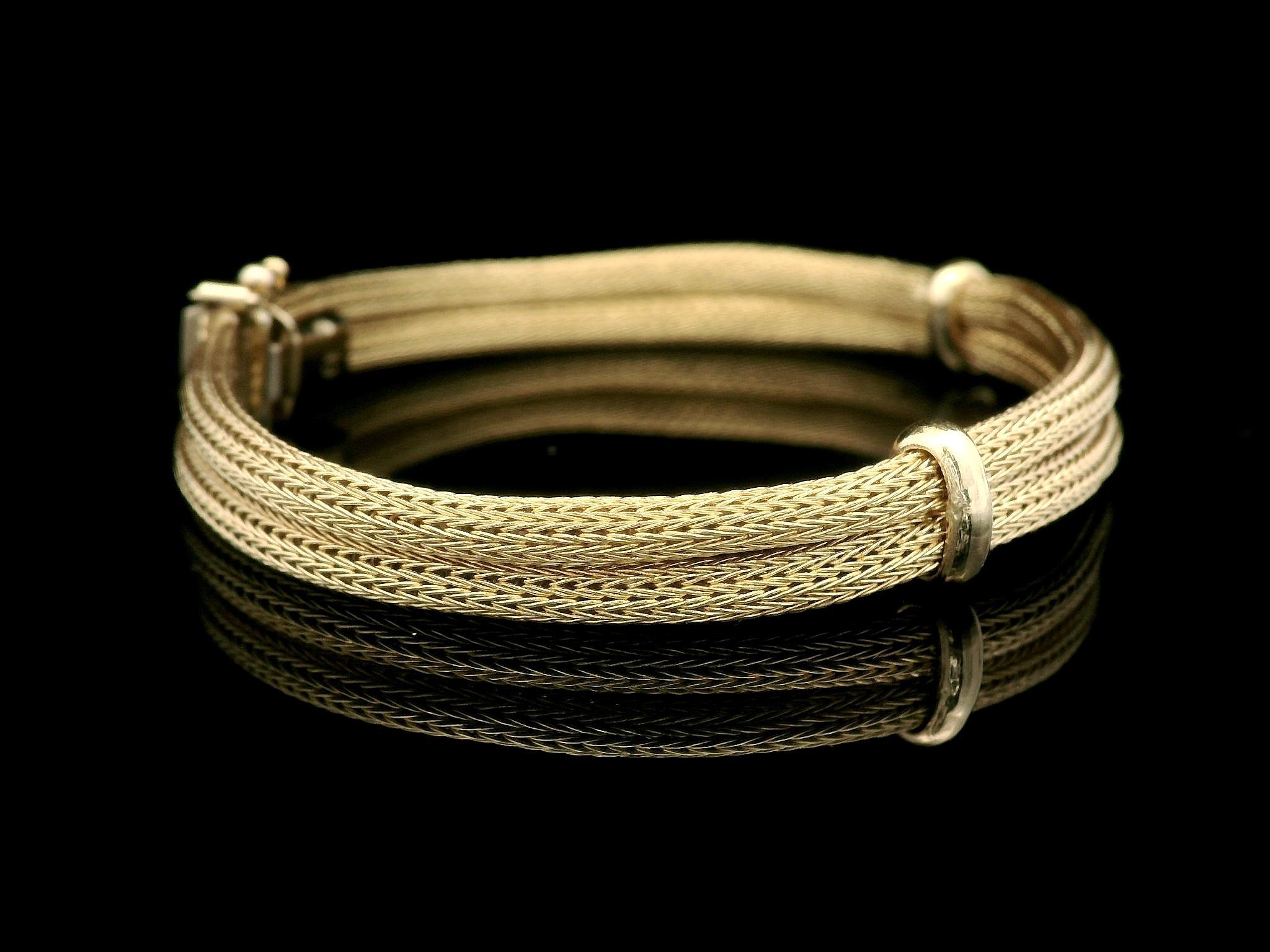 Estate 14k Yellow Gold Dual Wheat Link Tube w/ Polished Stations Bracelet en vente 8