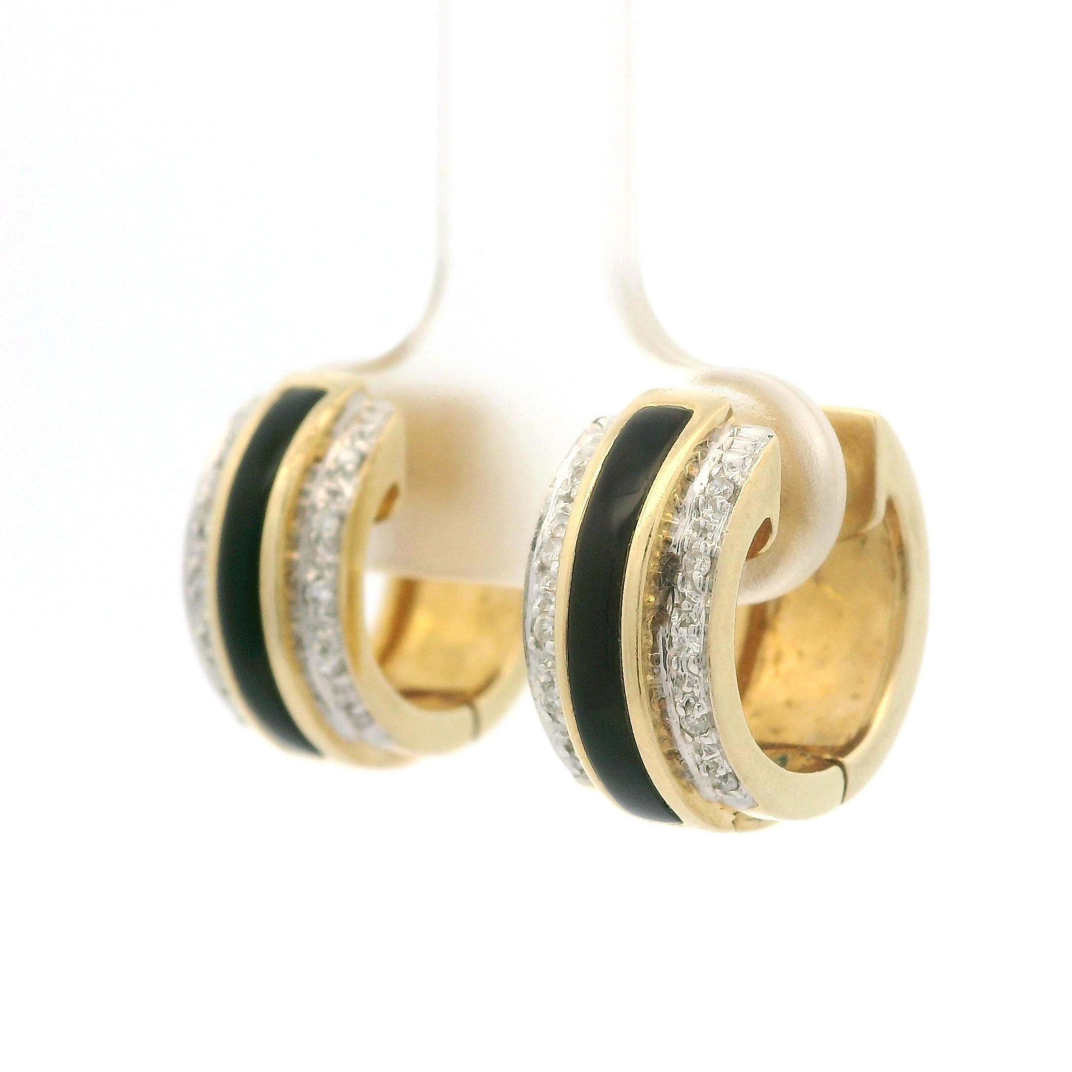 Taglio brillante Orecchini a cerchio Eleg in oro giallo 14k con intarsio di onice nera e diamanti in vendita