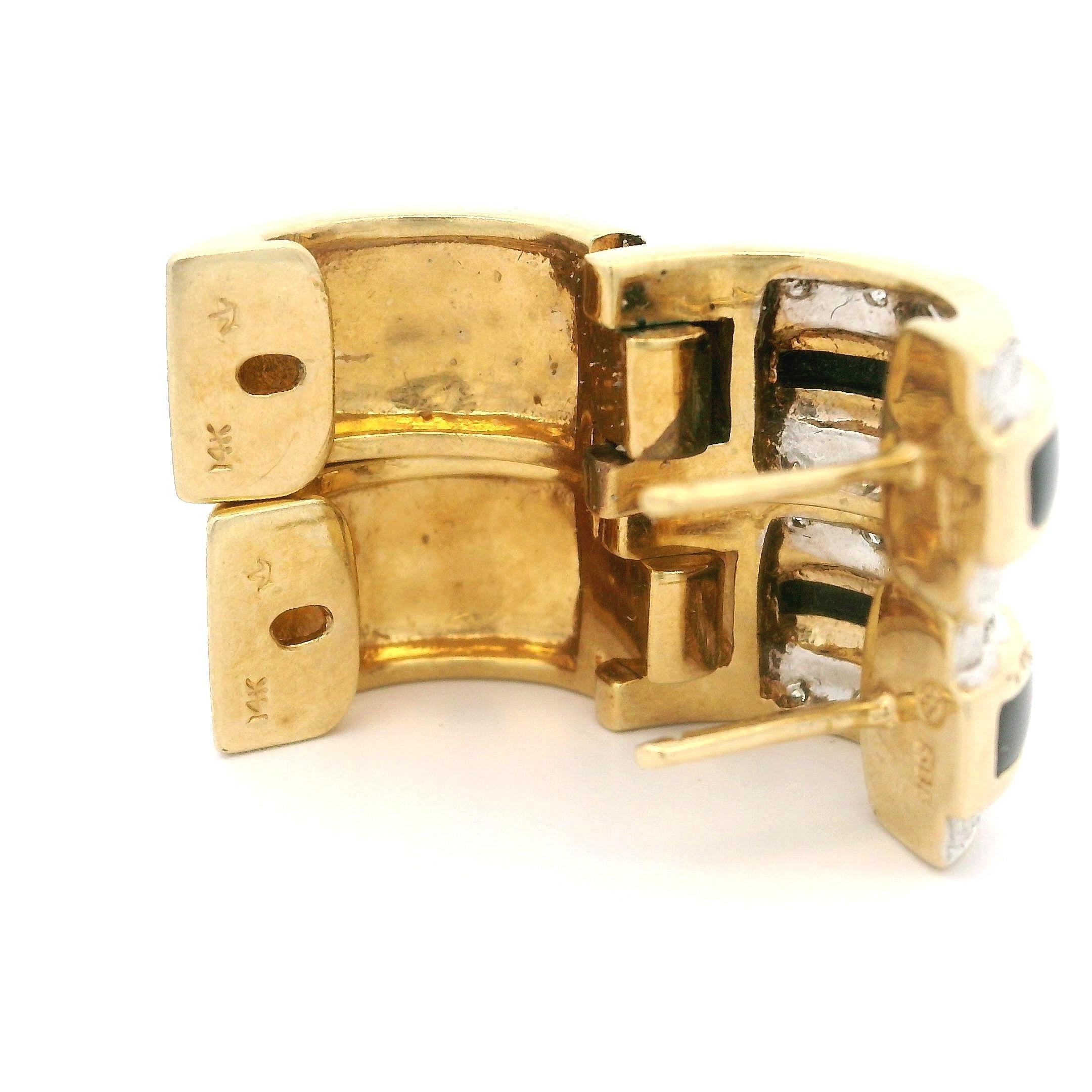 Orecchini a cerchio Eleg in oro giallo 14k con intarsio di onice nera e diamanti in vendita 3