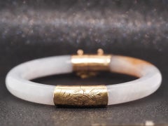 Estate 14K Yellow Gold Jade Bangle with Green and Brown Tone - VHK#1005a