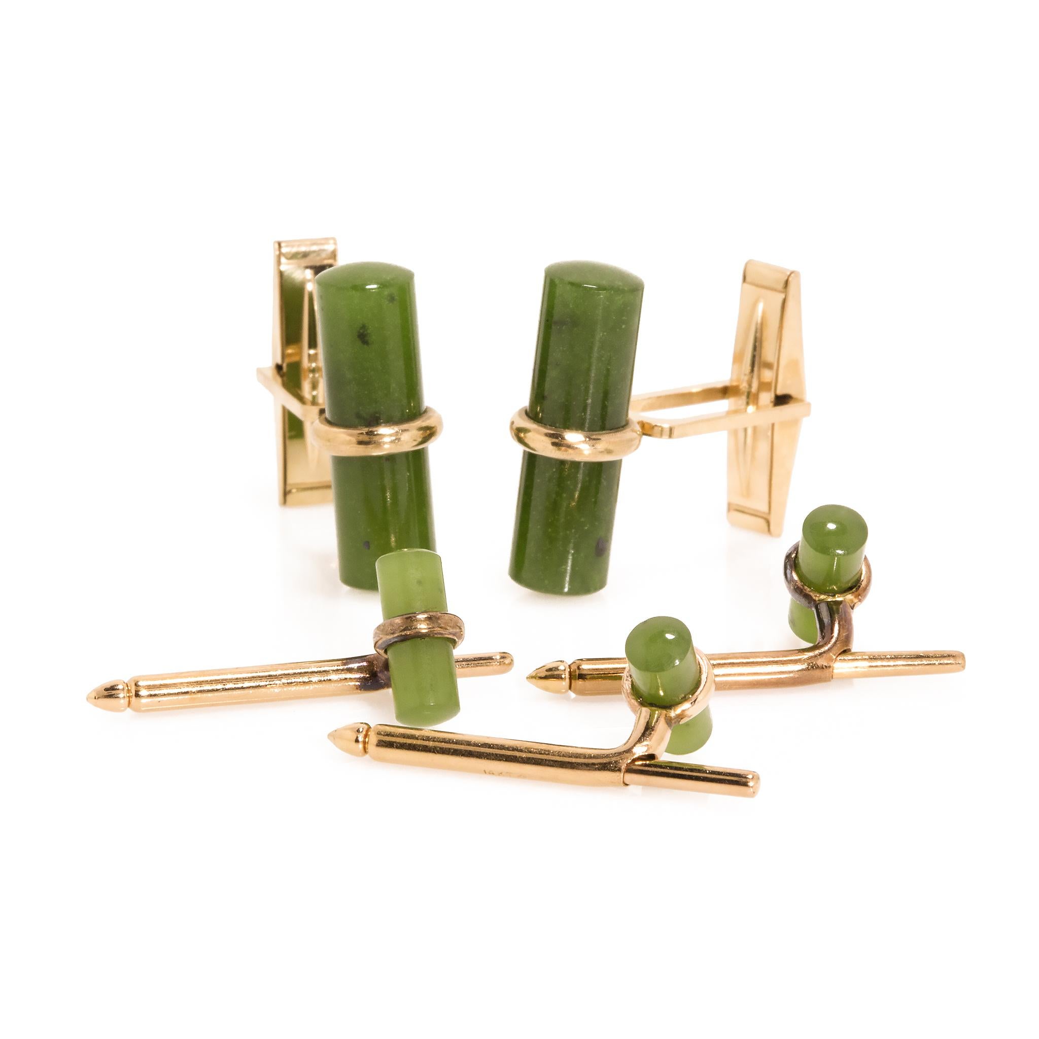 Estate 14 Karat Yellow Gold Nephrite Cufflinks and Shirt Studs Set In Good Condition In New York, NY
