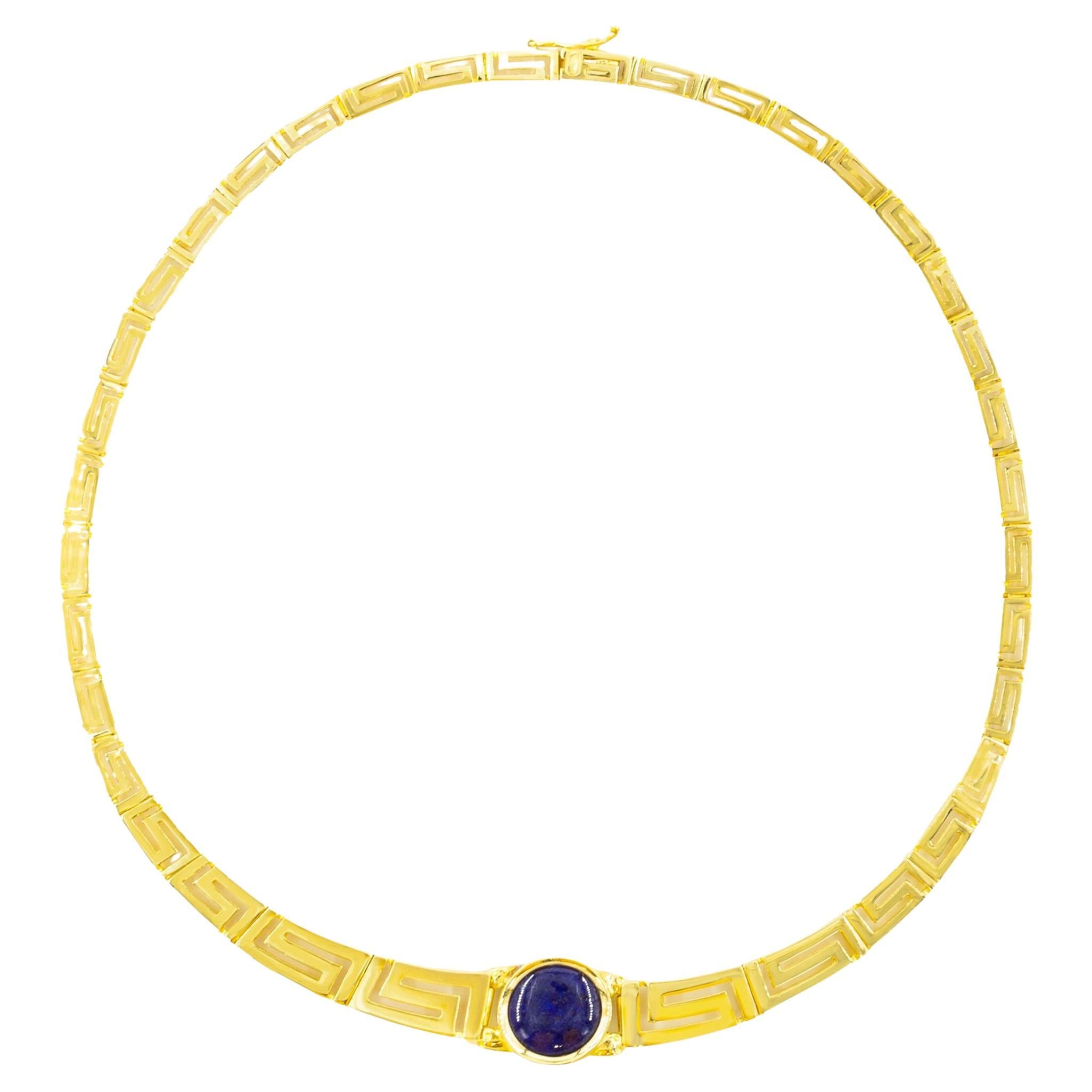 Estate 14k Yellow Gold & Lapis Lazuli Greek-Key Choker Necklace