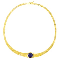 Estate 14k Yellow Gold & Lapis Lazuli Greek-Key Choker Necklace