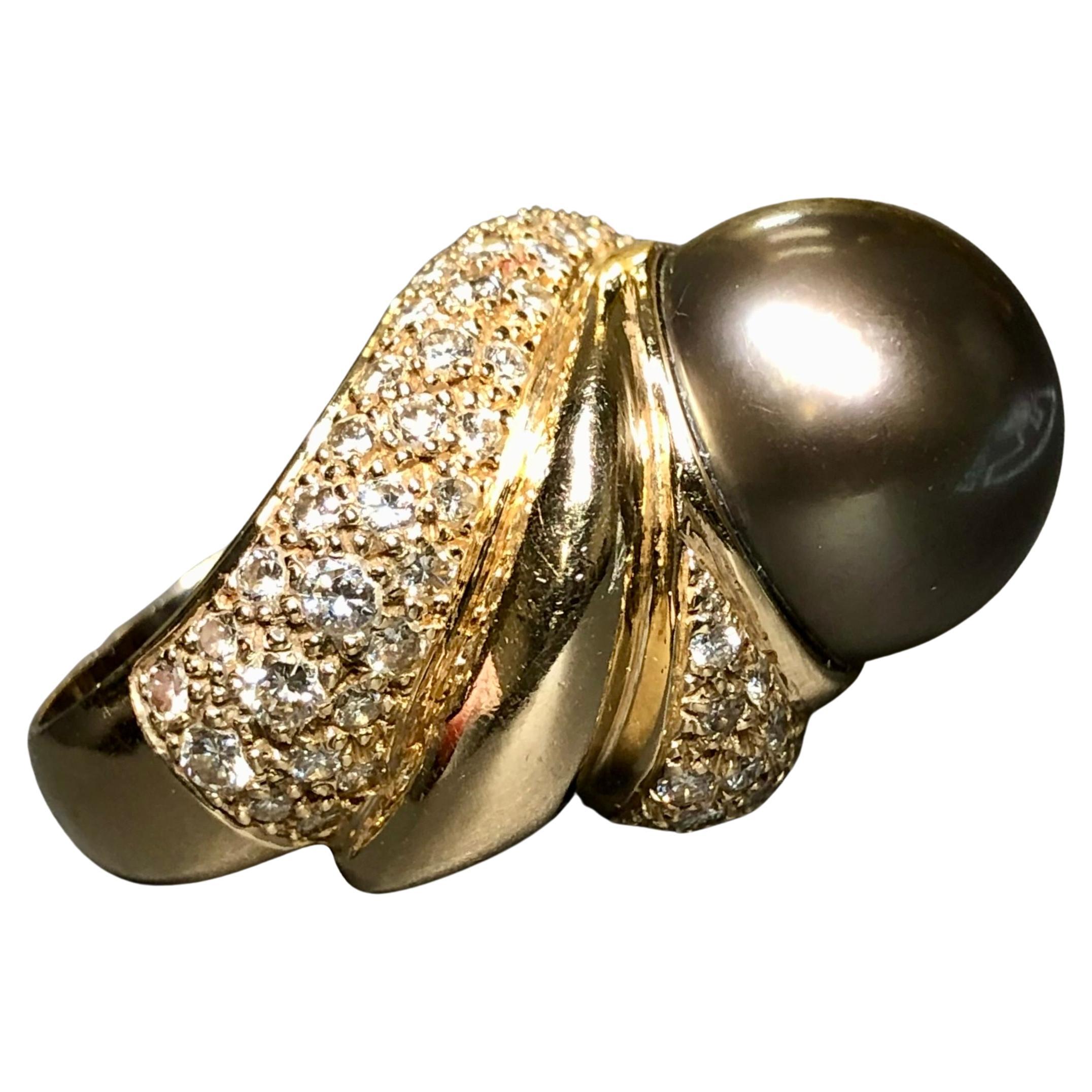 Estate 14K Yellow Gold Large Tahitian Pearl Diamond Spiral Cocktail Ring 15.4mm
