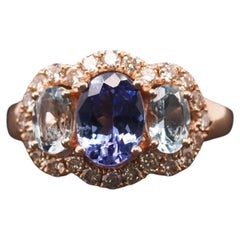 Estate 14K Yellow Gold LeVian Tanzanite, Aquamarine and Diamond Ring- VHK#1003A