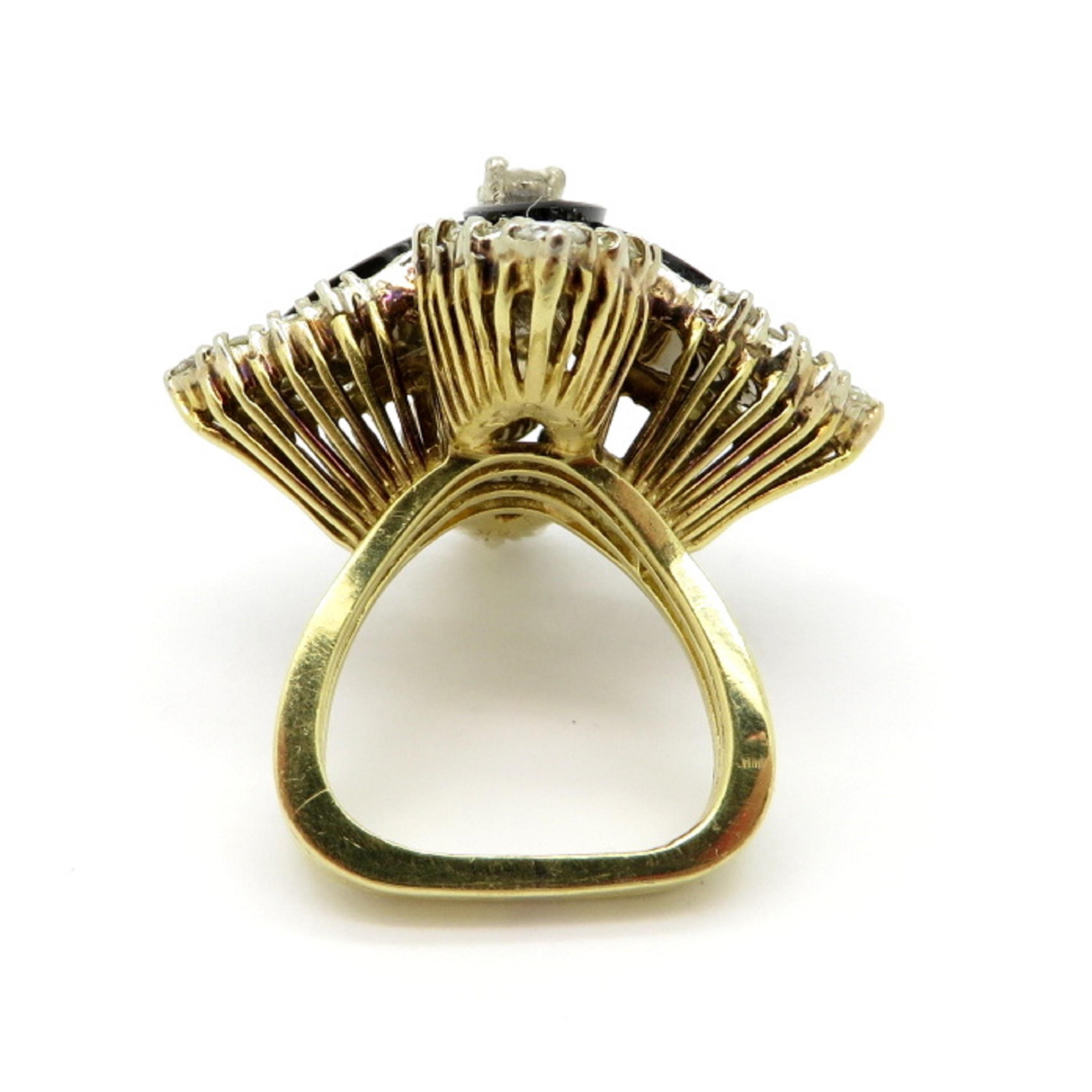 Women's Estate 14 Karat Yellow Gold Onyx Flower Design Diamond Ring For Sale