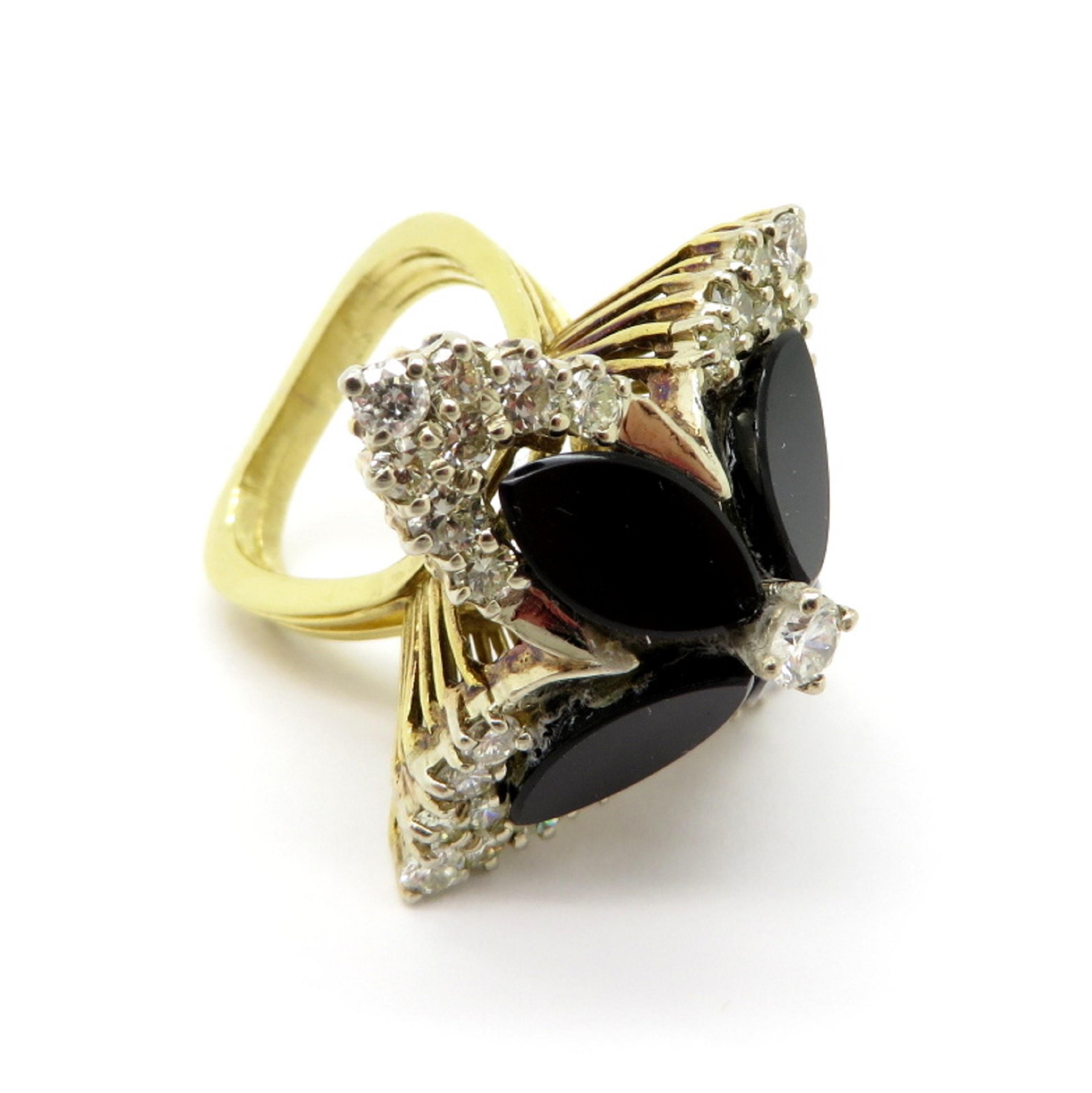 Estate 14 Karat Yellow Gold Onyx Flower Design Diamond Ring For Sale 1