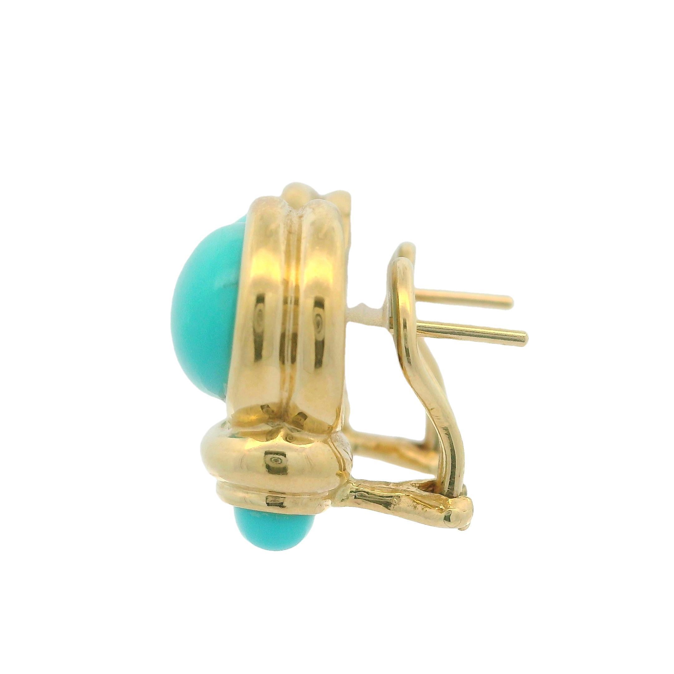Estate 14k Yellow Gold Oval Turquoise Elegant Button Earrings w/ Omega Backs 6