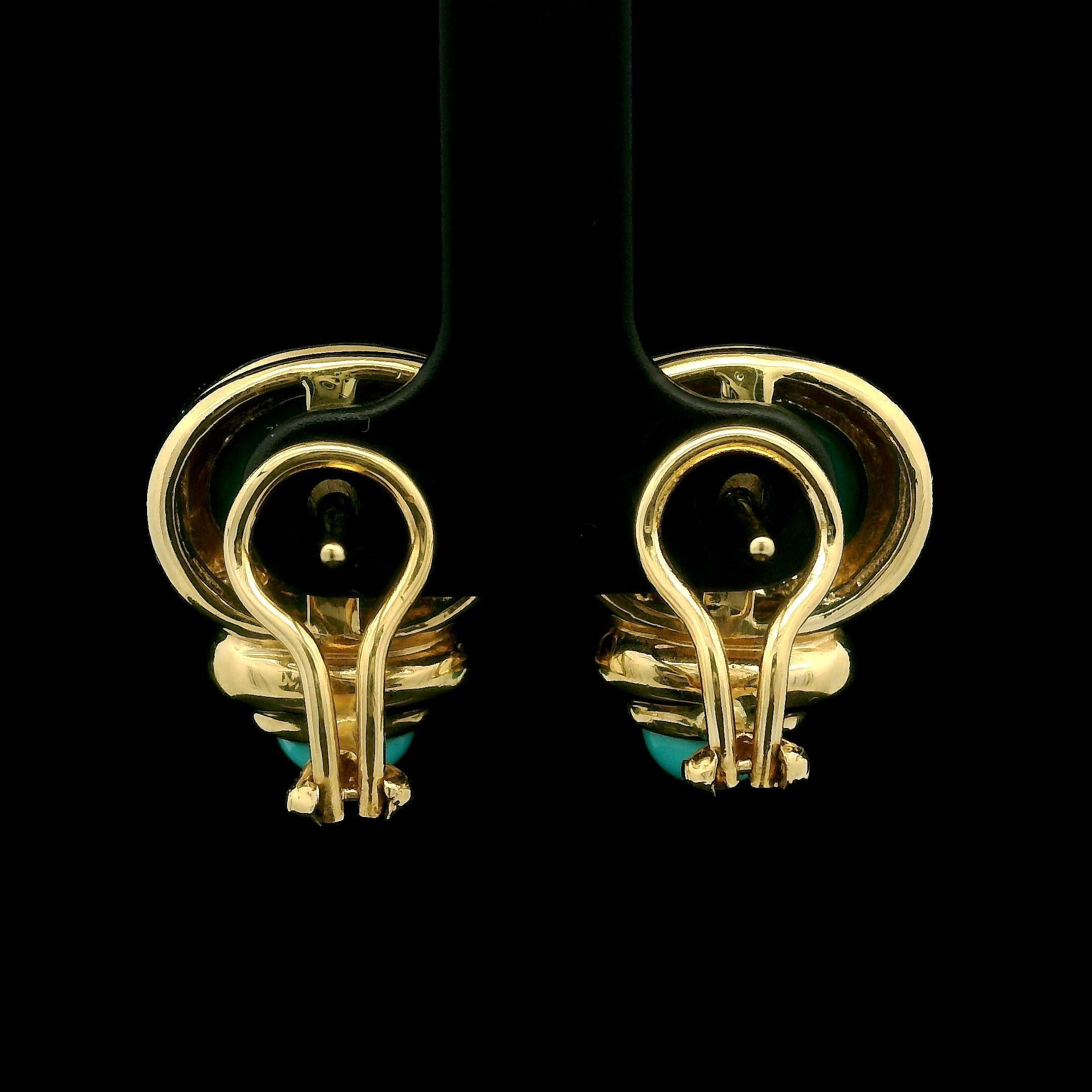 Cabochon Estate 14k Yellow Gold Oval Turquoise Elegant Button Earrings w/ Omega Backs