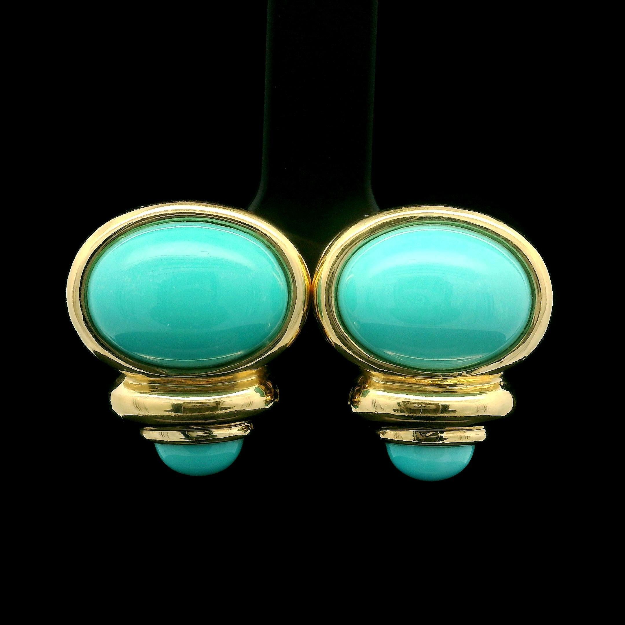 Women's Estate 14k Yellow Gold Oval Turquoise Elegant Button Earrings w/ Omega Backs
