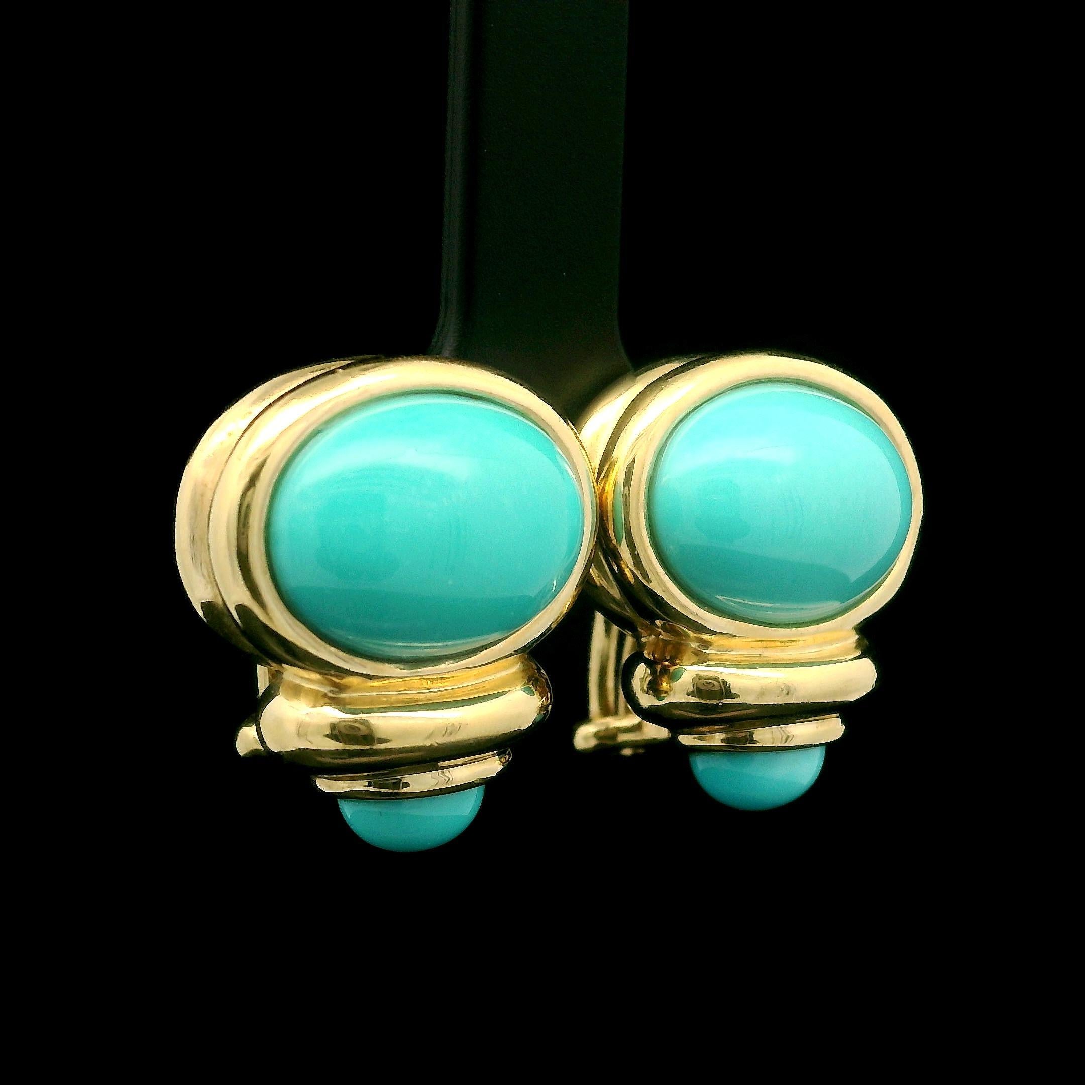 Estate 14k Yellow Gold Oval Turquoise Elegant Button Earrings w/ Omega Backs 1