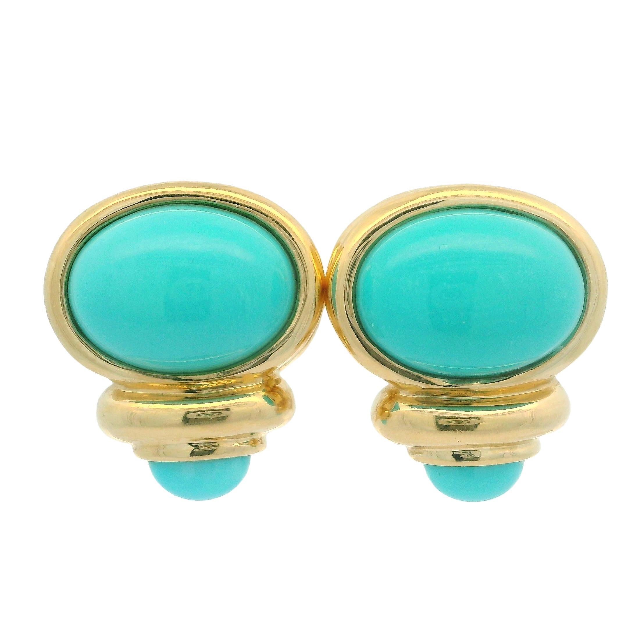 Estate 14k Yellow Gold Oval Turquoise Elegant Button Earrings w/ Omega Backs 2