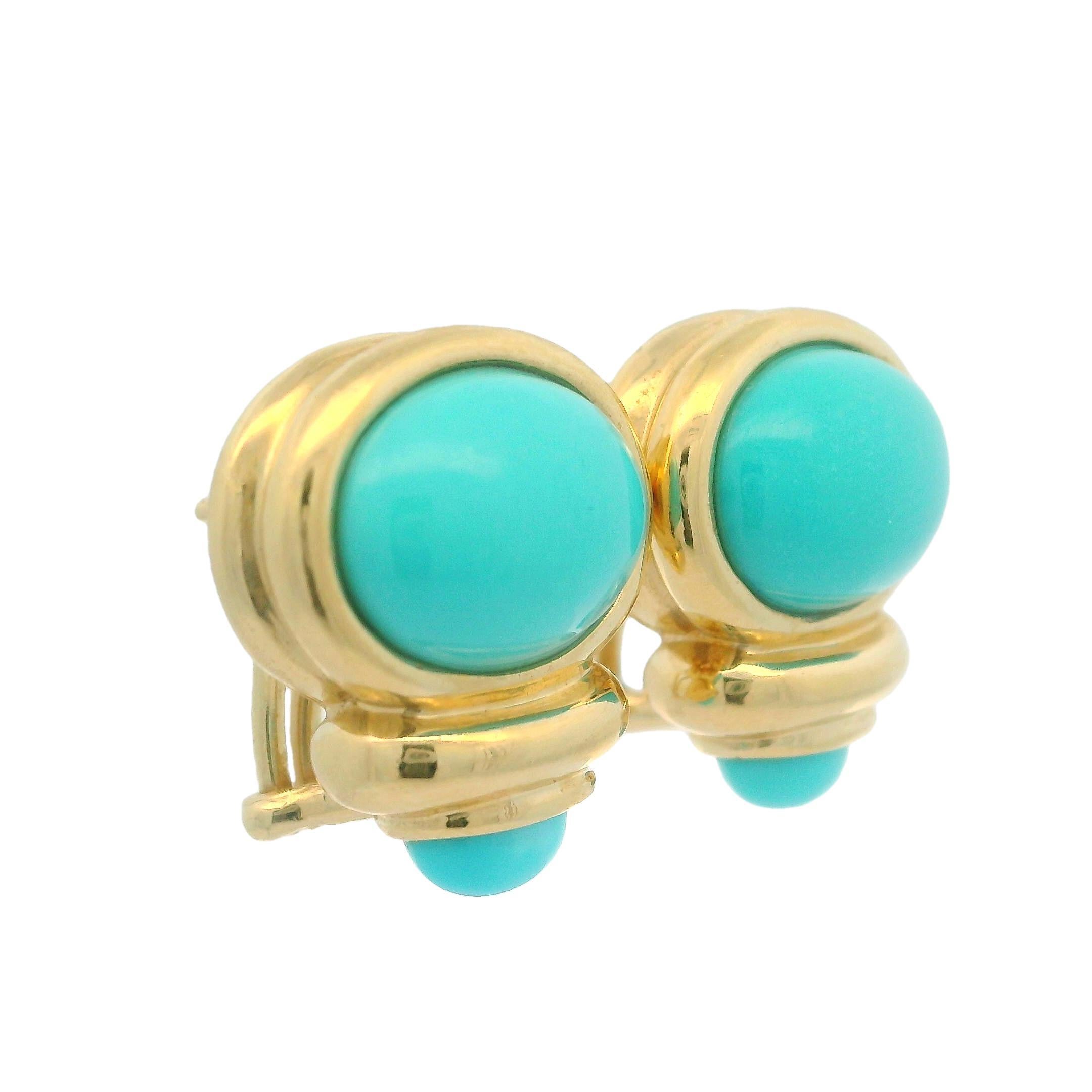 Estate 14k Yellow Gold Oval Turquoise Elegant Button Earrings w/ Omega Backs 3