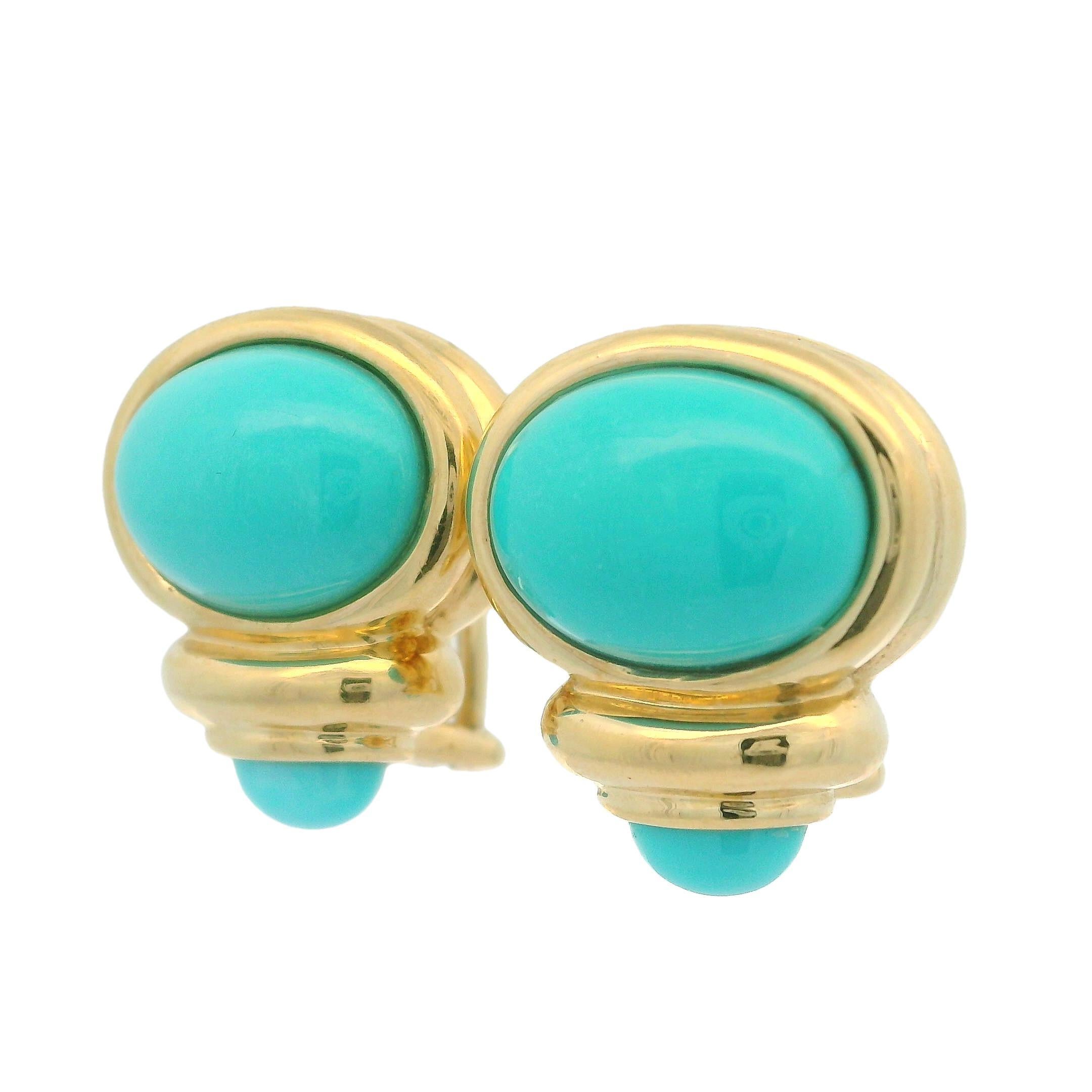 Estate 14k Yellow Gold Oval Turquoise Elegant Button Earrings w/ Omega Backs 4