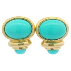 Estate 14k Yellow Gold Oval Turquoise Elegant Button Earrings w/ Omega Backs