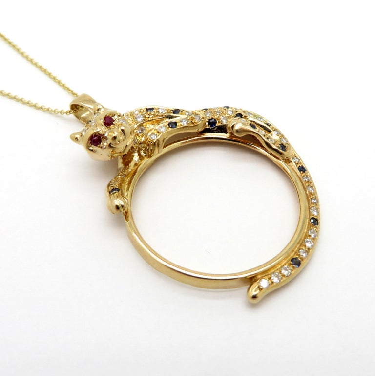 Estate 14 Karat Yellow Gold Panther Coin Holder Necklace Pendant For