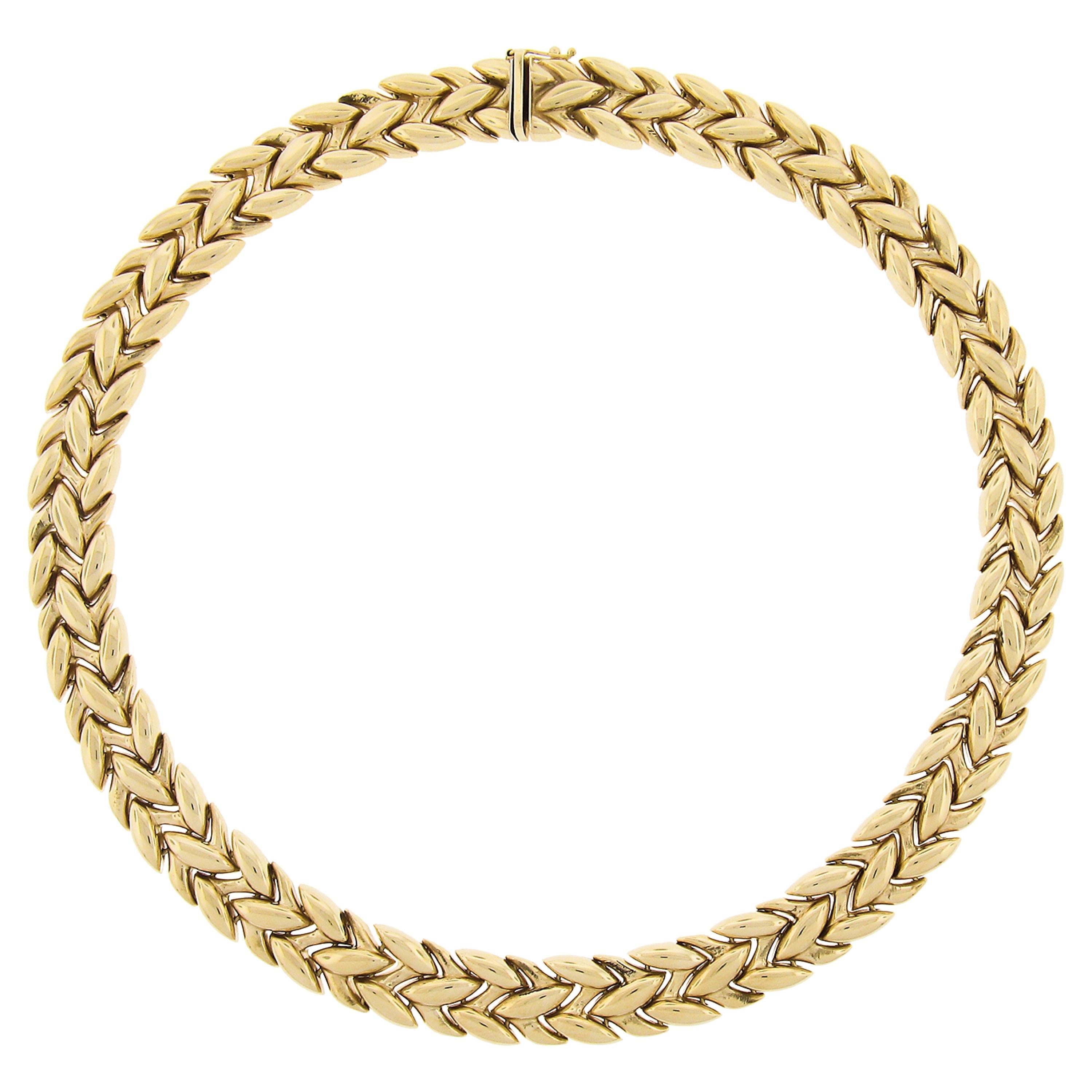 Estate 14k Yellow Gold Polished Olive Leaf Link Chain Choker Necklace For Sale
