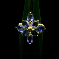 Estate 14k Yellow Gold Purple Tanzanite Flower Cluster Cocktail Statement Ring