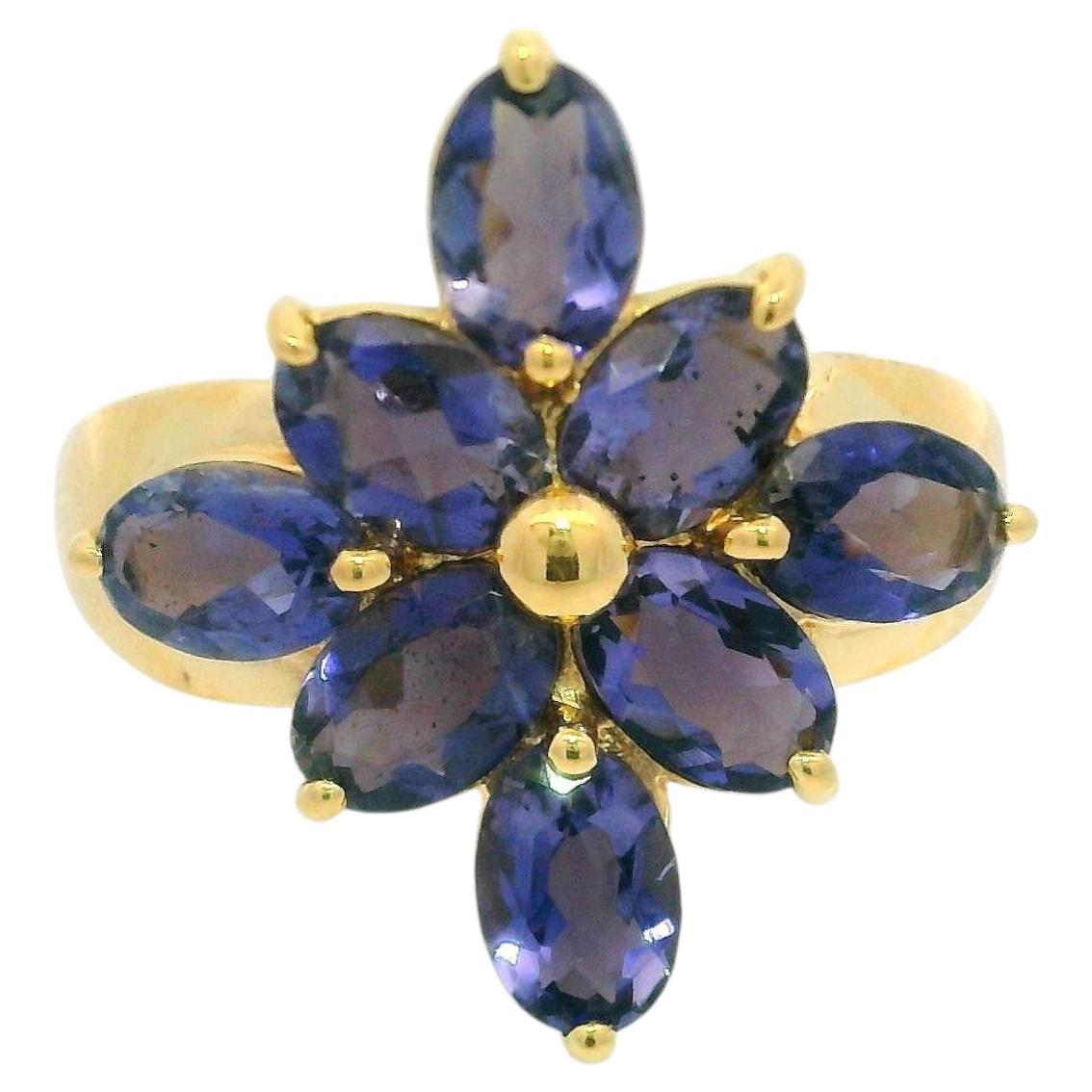 Estate 14k Yellow Gold Purple Tanzanite Flower Cluster Cocktail Statement Ring