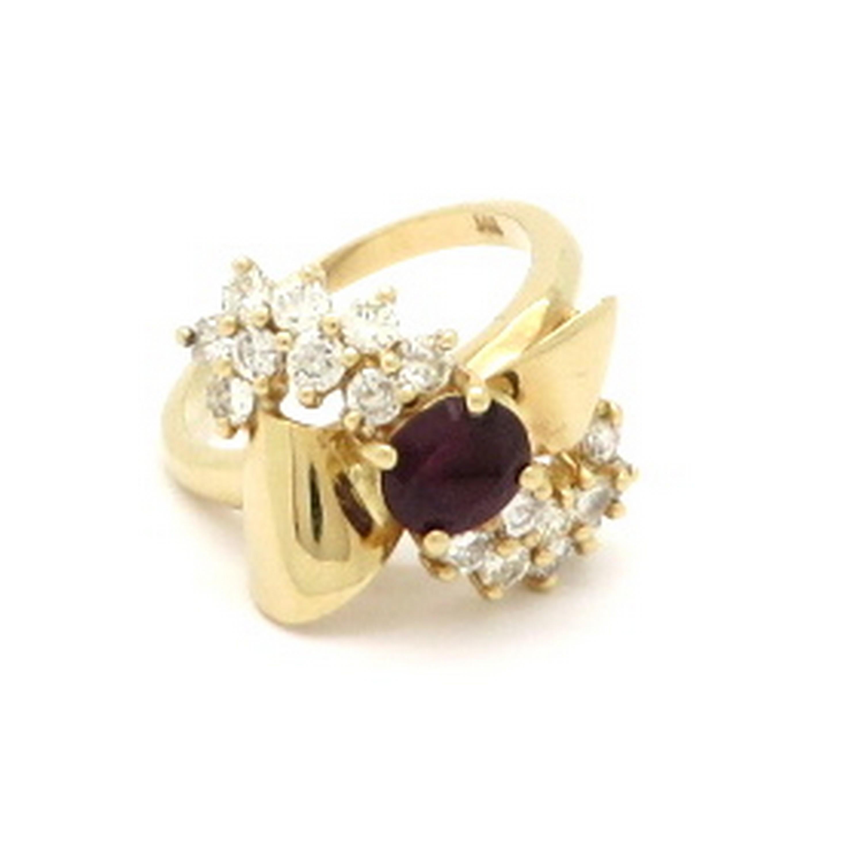 Art Deco Estate 14 Karat Yellow Gold Ruby and Diamond Retro Style Bow Ring For Sale