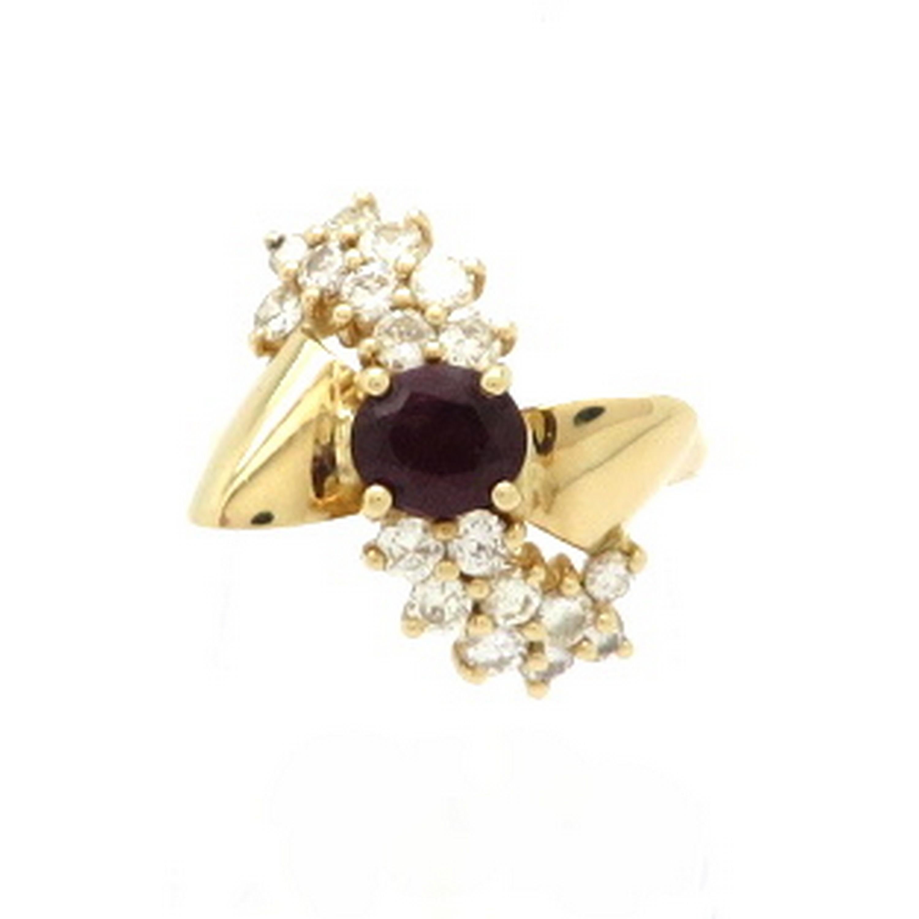 Estate 14 Karat Yellow Gold Ruby and Diamond Retro Style Bow Ring For Sale 1