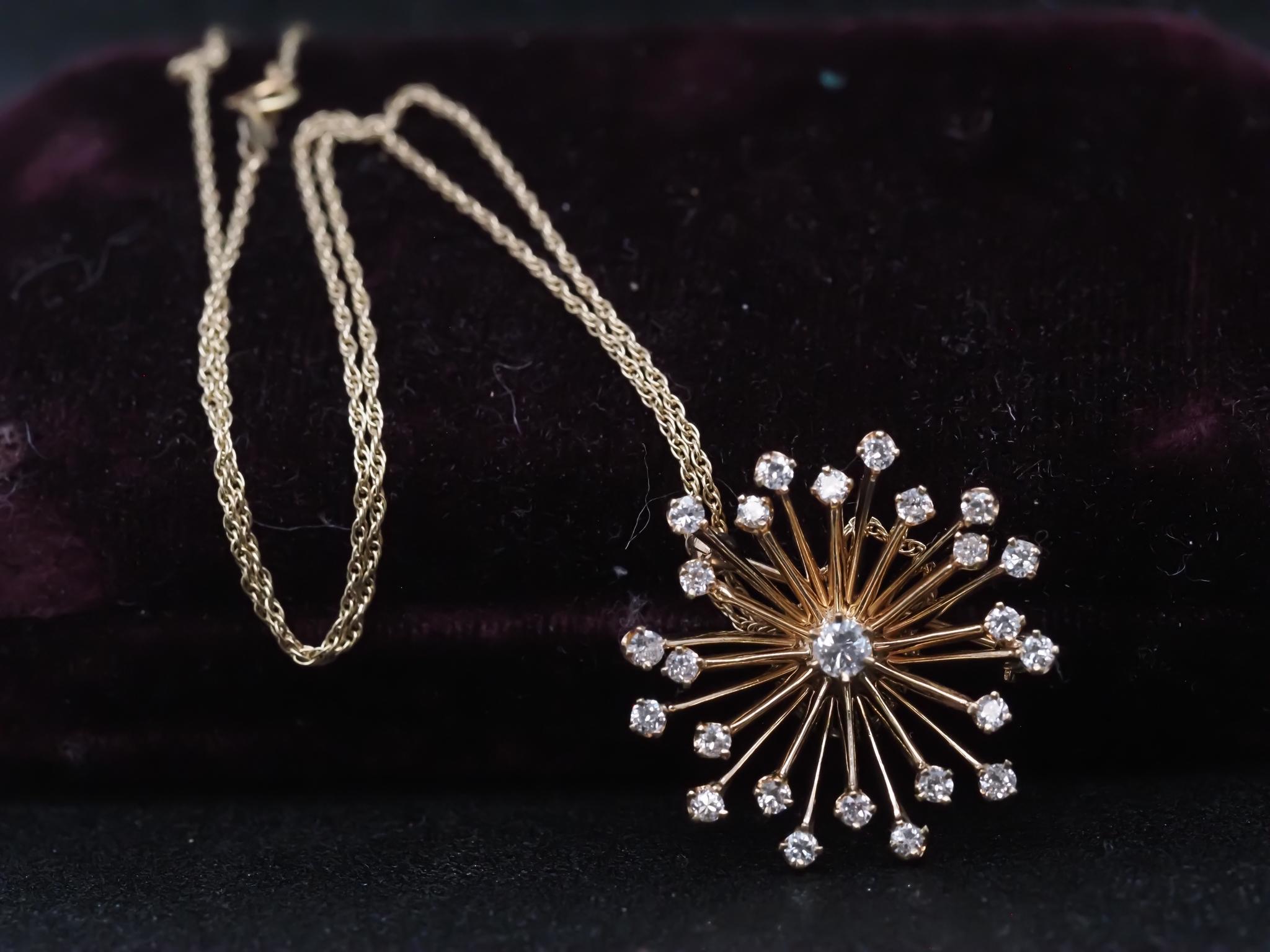 Estate 14K Yellow Gold Starbust Diamond Pendant and Brooch with Chain - VHK#978

Item Details:
Metal Type: 14K Yellow Gold [Hallmarked, and Tested]
Weight: 9.2 grams

Diamond Details: 1.00cttw, G-H Color, SI Clarity (Average), Old European Brilliant