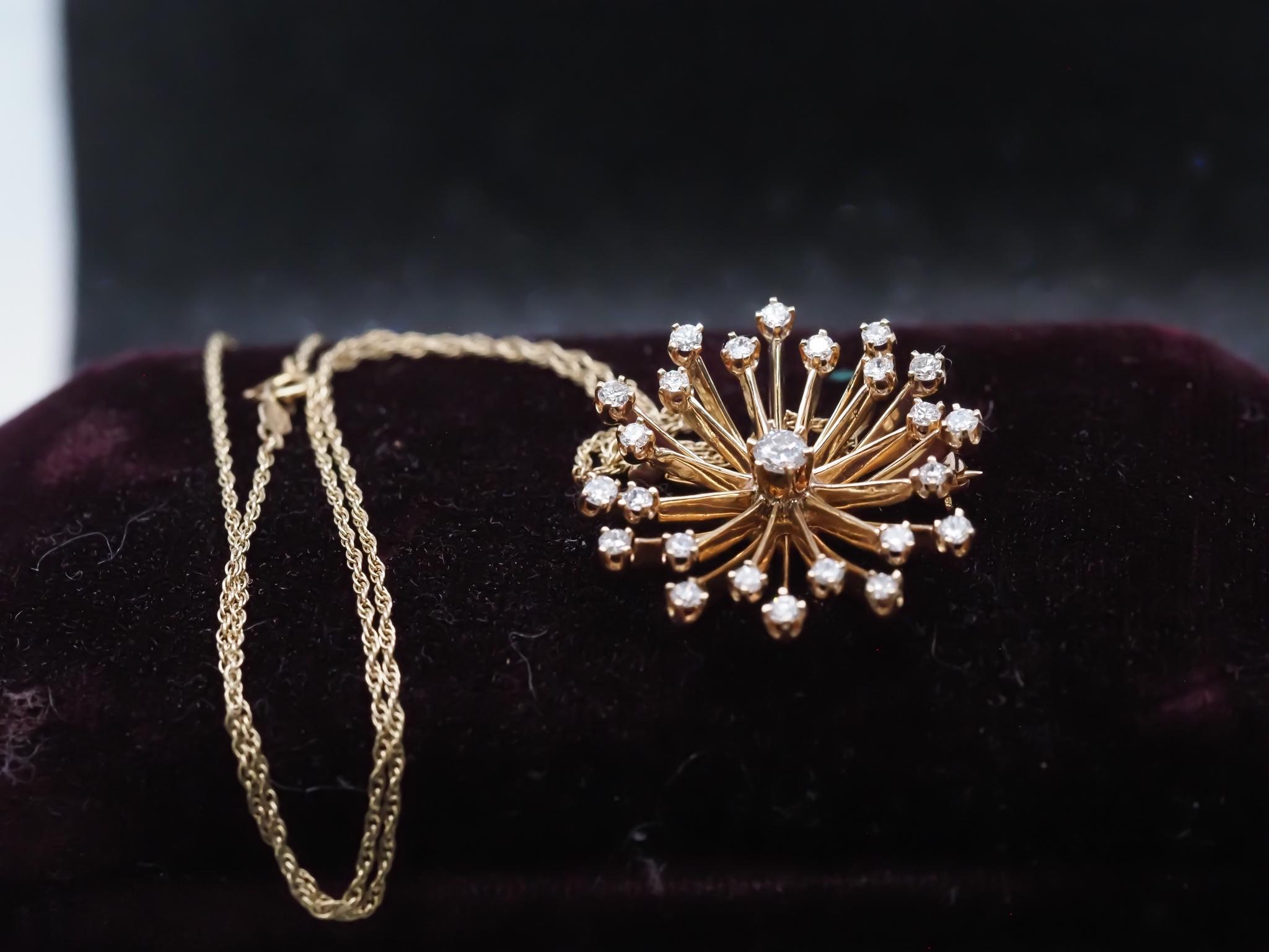 Old European Cut Estate 14K Yellow Gold Starbust Diamond Pendant and Brooch with Chain - VHK#978 For Sale