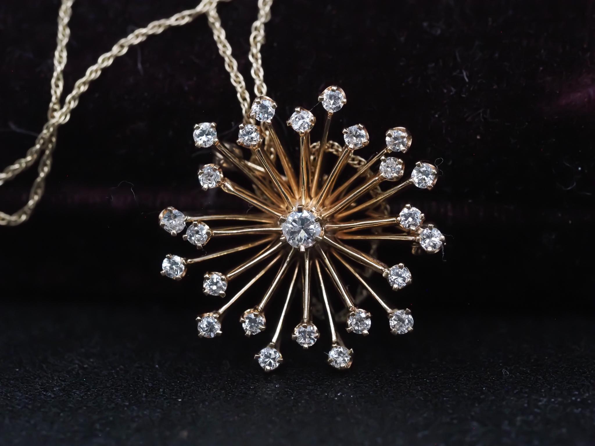 Women's Estate 14K Yellow Gold Starbust Diamond Pendant and Brooch with Chain - VHK#978 For Sale