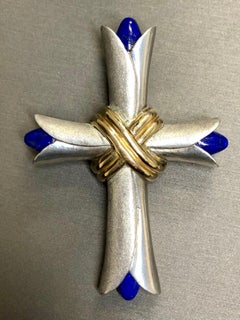 Estate 14K Yellow Gold & Sterling Silver Heavy Lapis Cross Pendant