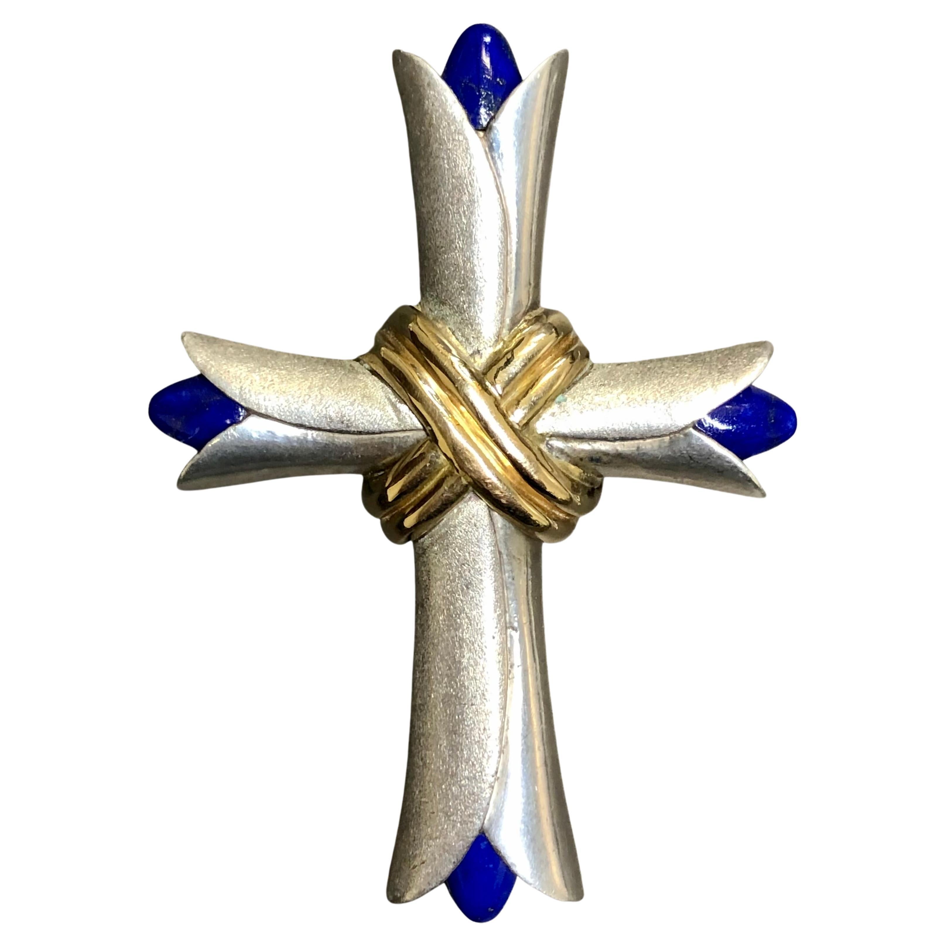 Estate 14K Yellow Gold & Sterling Silver Heavy Lapis Cross Pendant For Sale