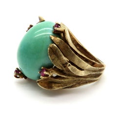 Estate 14 Karat Yellow Gold Turquoise and Ruby Fashion Vintage Ring