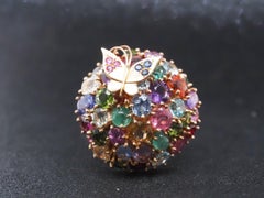 Estate 14K Yellow Gold Vintage Multi Gemstone Brooch with Butterfly - VHK#37d