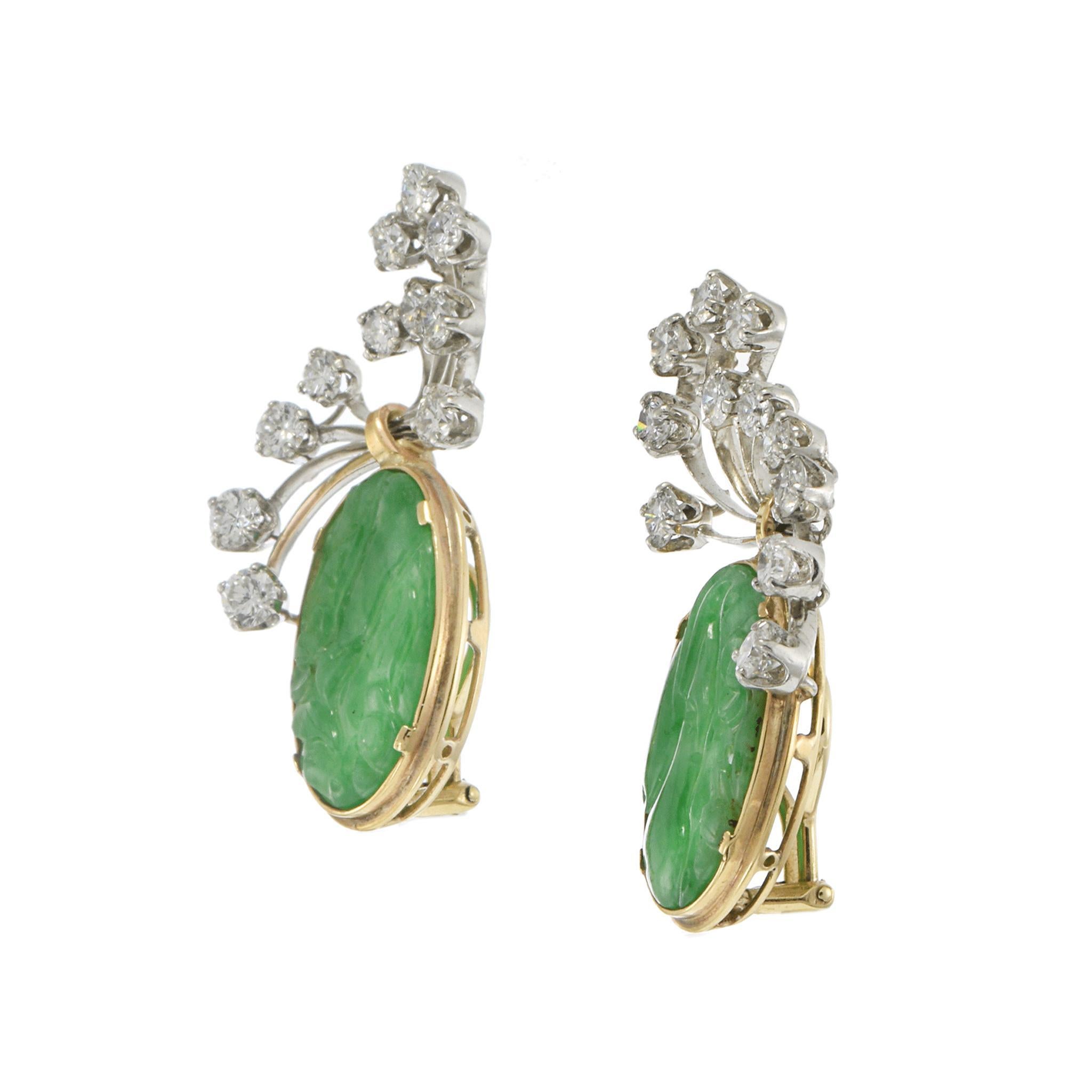 Pendientes de Jade Natural Tallado y Diamantes Estate 14KT y Platino Corte oval en venta