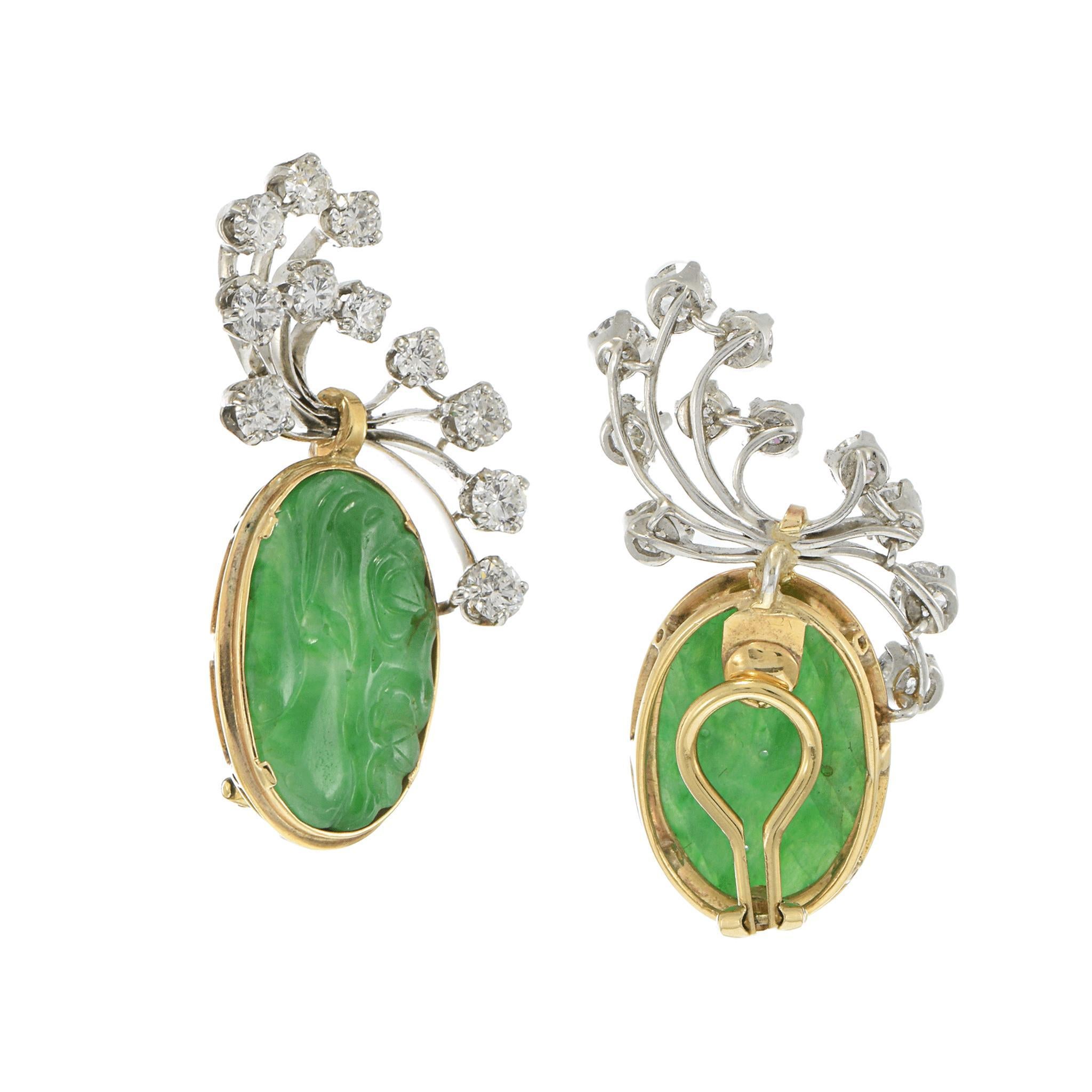 De las mujeres Pendientes de Jade Natural Tallado y Diamantes Estate 14KT y Platino en venta