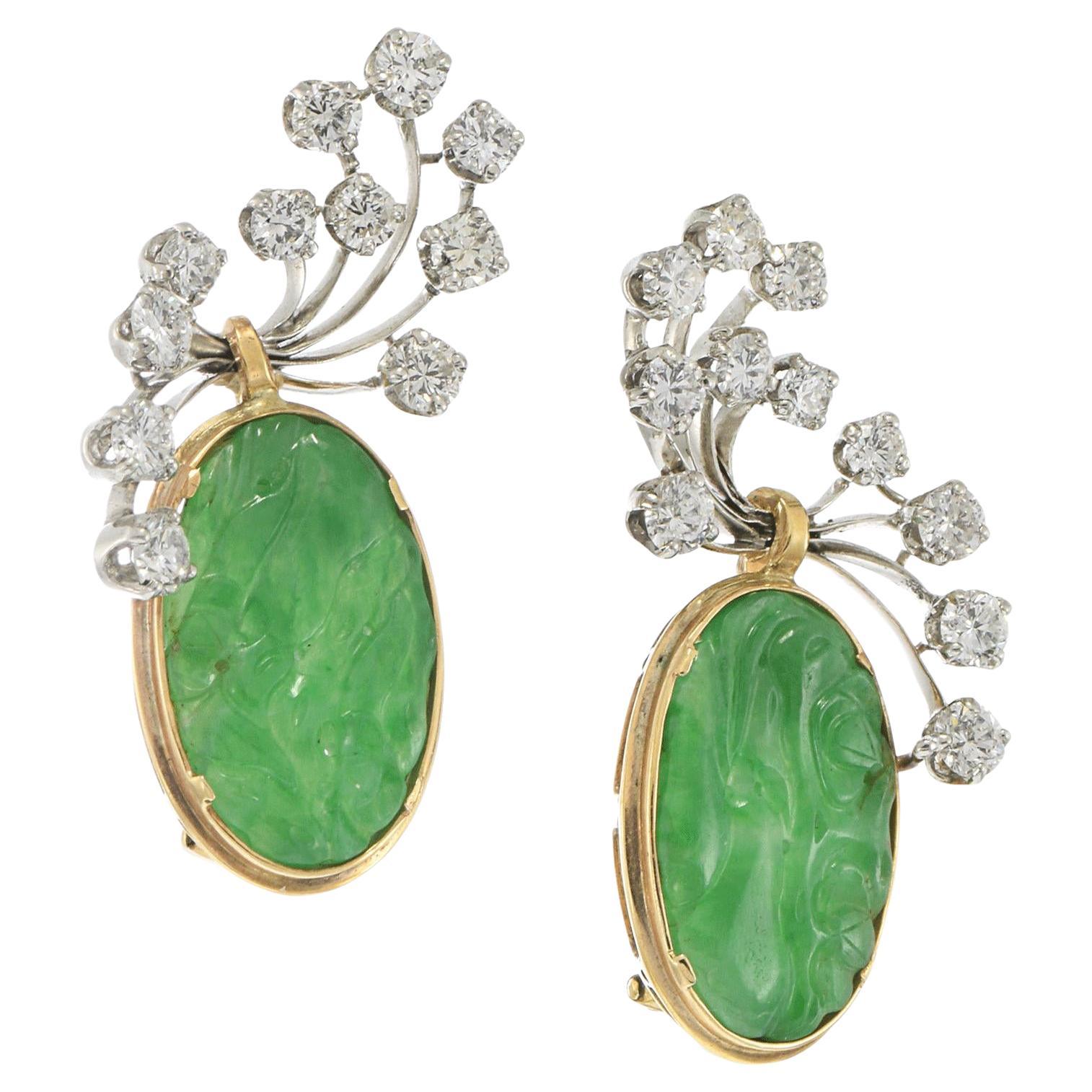 Pendientes de Jade Natural Tallado y Diamantes Estate 14KT y Platino en venta