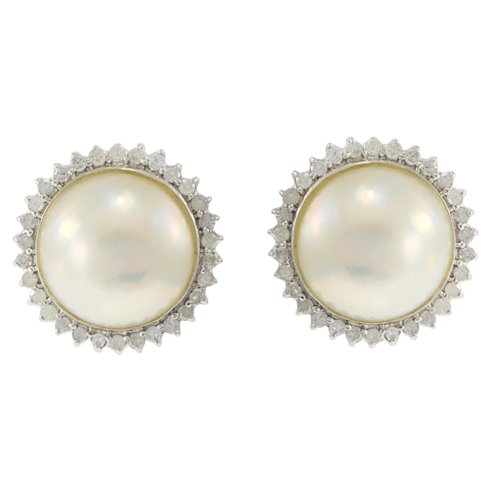Estate 14KT White Gold 13mm Mobe Pearl Earrings with Diamond Halo