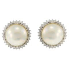 Estate 14KT White Gold 13mm Mobe Pearl Earrings with Diamond Halo
