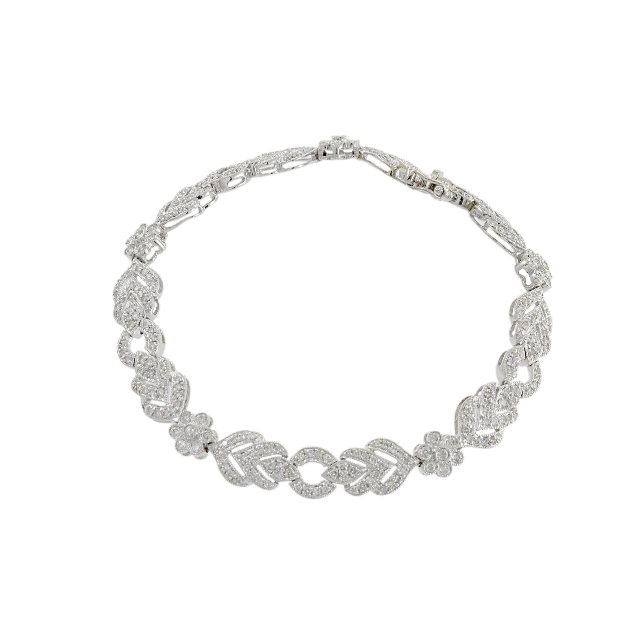 Retro Estate 14KT White Gold Flower And Chevron Design Diamond Bracelet For Sale