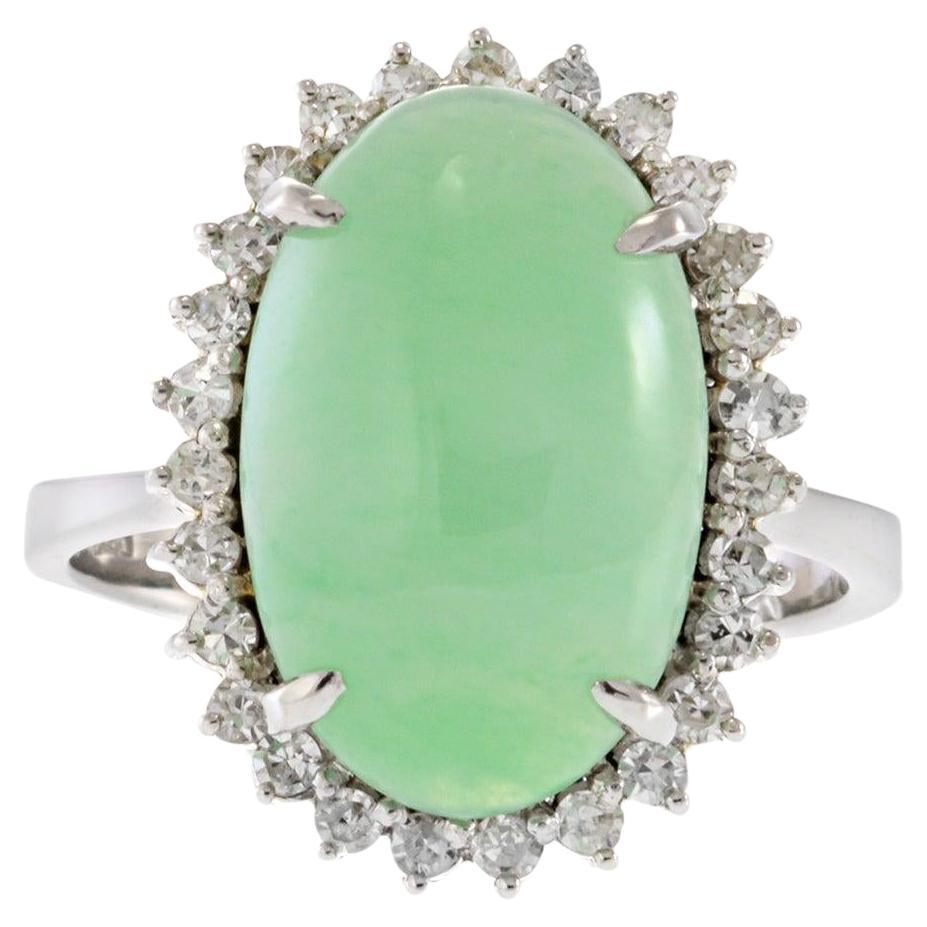 Estate 14KT White Gold Oval Jade & Diamond Halo Ring
